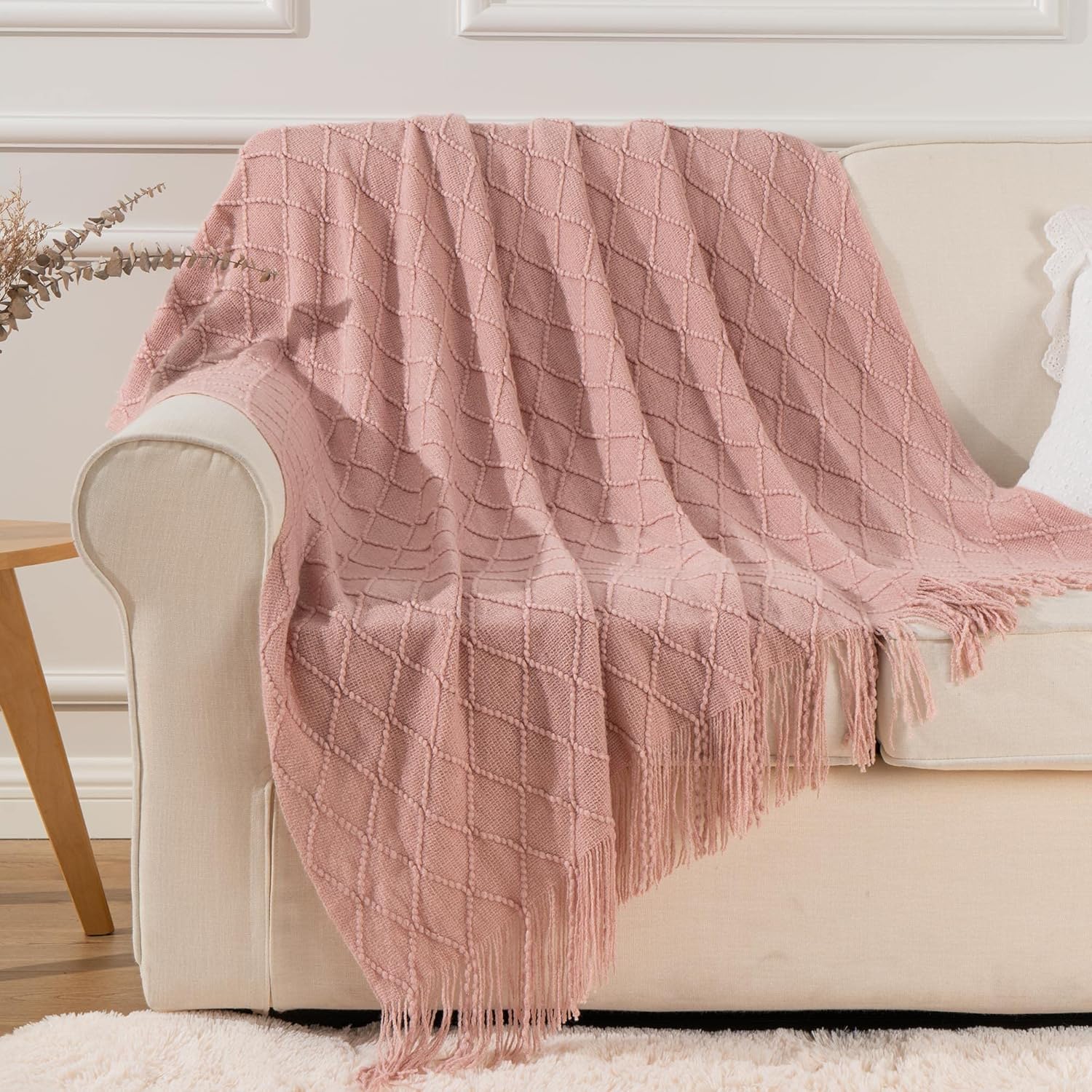 Pink Throw Blanket Diamond Pattern Indoor Outdoor Knitted Throws for Couch Sofa Chair Bed Home Decor 50
