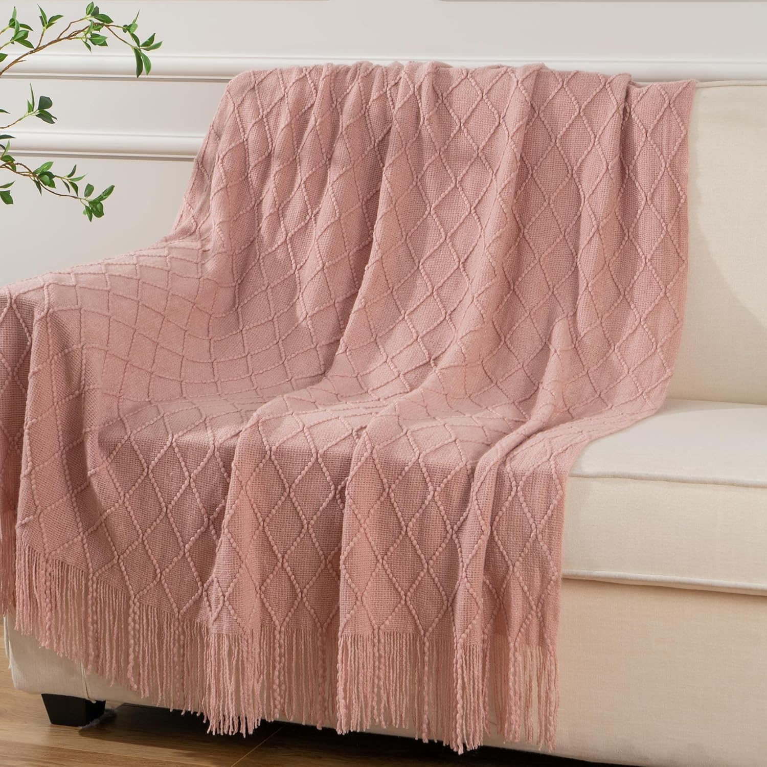 Pink Throw Blanket Diamond Pattern Indoor Outdoor Knitted Throws for Couch Sofa Chair Bed Home Decor 50