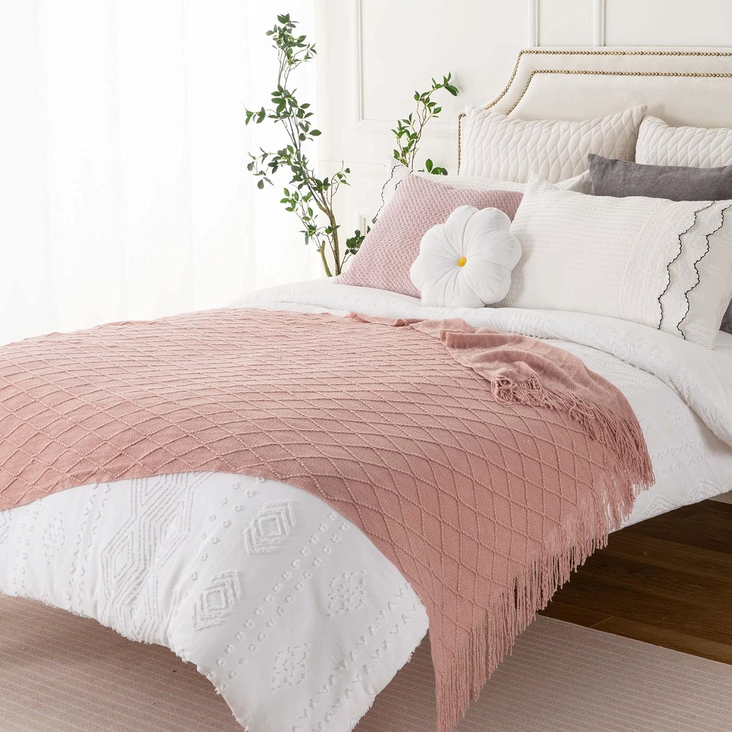 Pink Throw Blanket Diamond Pattern Indoor Outdoor Knitted Throws for Couch Sofa Chair Bed Home Decor 50