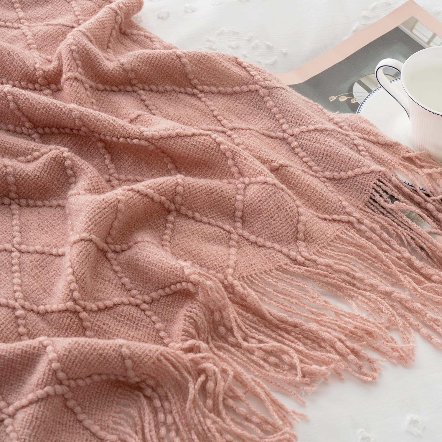 Pink Throw Blanket Diamond Pattern Indoor Outdoor Knitted Throws for Couch Sofa Chair Bed Home Decor 50