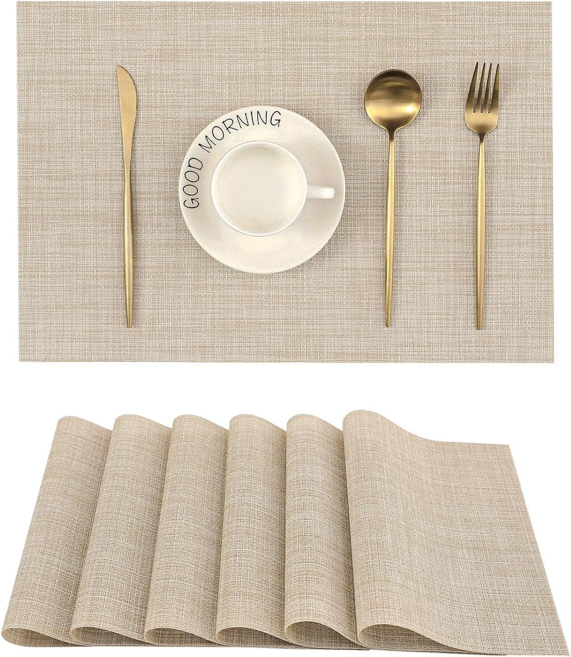 Beige Placemats Set of 6 - Heat Resistant Non-Slip Place mats for Dining Table, Washable Durable PVC Vinyl Woven Table Mats(Beige, 6) - Image 1