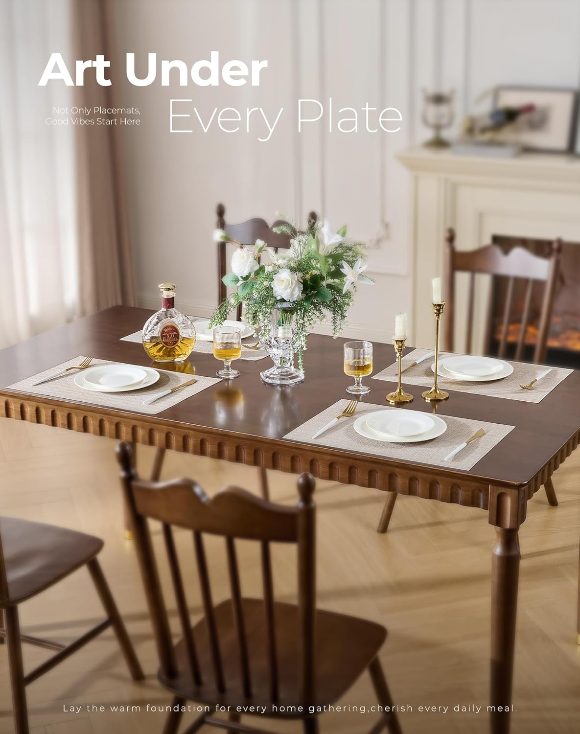 Beige Placemats Set of 6 - Heat Resistant Non-Slip Place mats for Dining Table, Washable Durable PVC Vinyl Woven Table Mats(Beige, 6) - Image 2