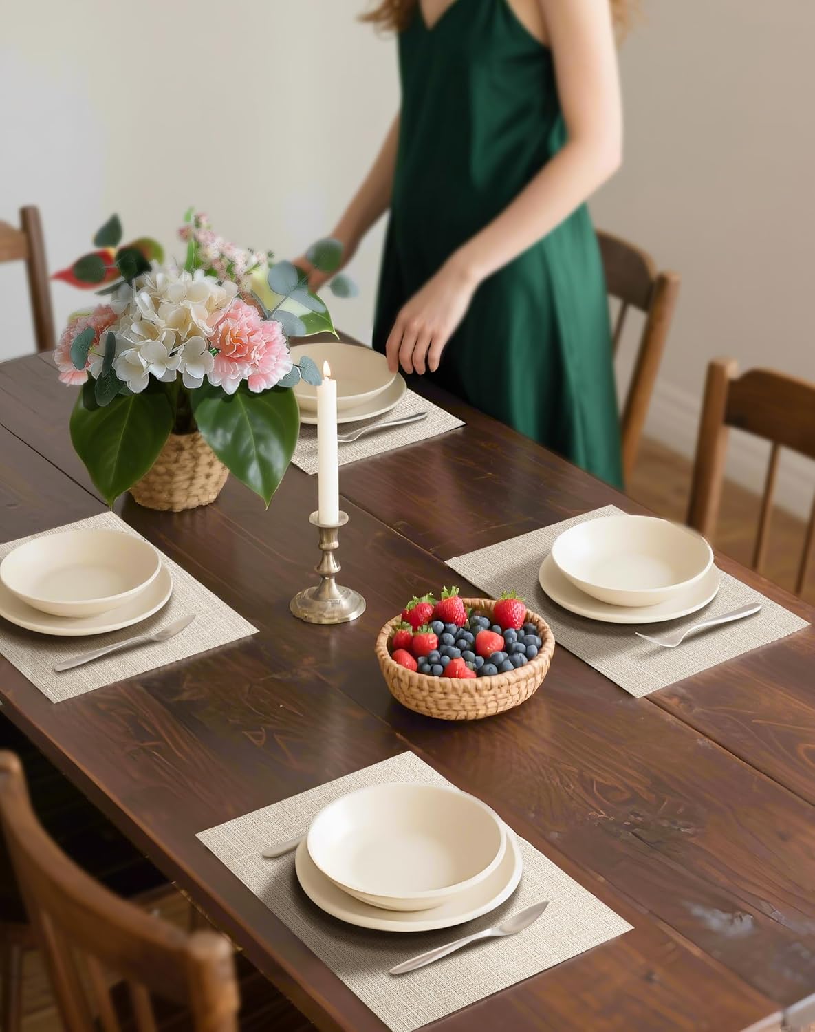 Beige Placemats Set of 6 - Heat Resistant Non-Slip Place mats for Dining Table, Washable Durable PVC Vinyl Woven Table Mats(Beige, 6) - Image 3