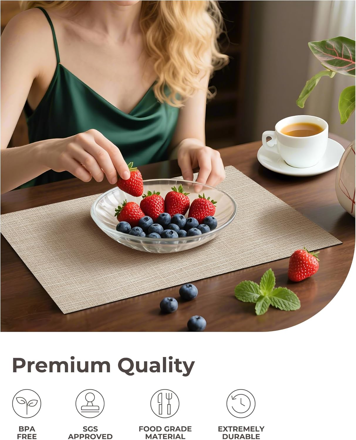 Beige Placemats Set of 6 - Heat Resistant Non-Slip Place mats for Dining Table, Washable Durable PVC Vinyl Woven Table Mats(Beige, 6) - Image 6