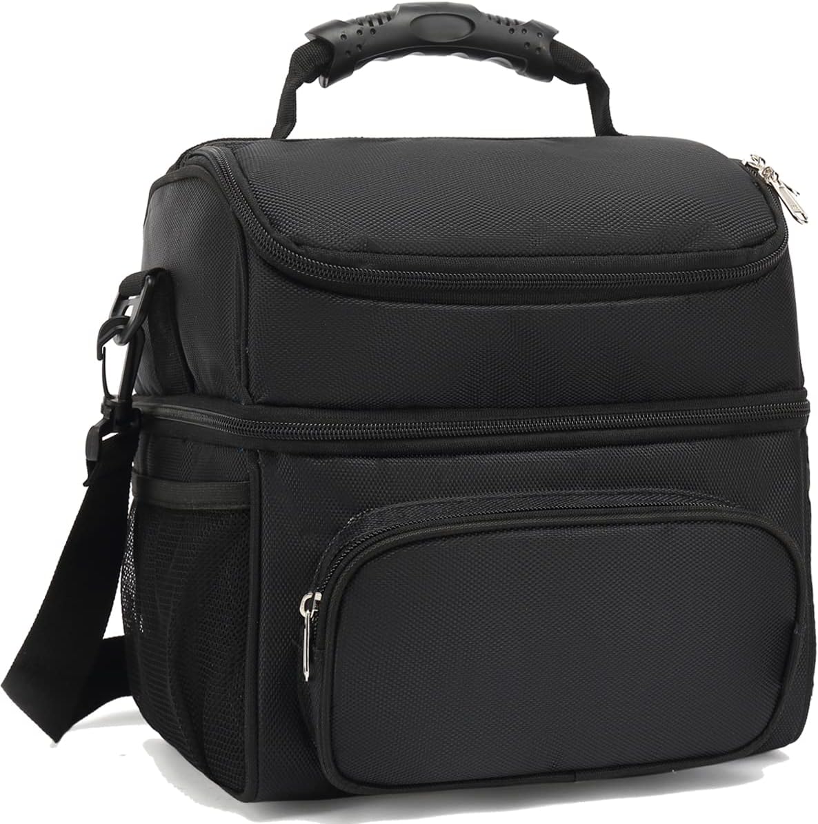 Insulated Lunch Bag Adult Lunch Box Large Tote Double Layer Cooler for Men, Women, with Adjustable Strap,Front Pocket and Mesh Side Pockets,Black - Image 1