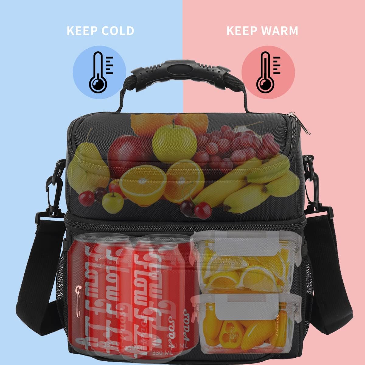 Insulated Lunch Bag Adult Lunch Box Large Tote Double Layer Cooler for Men, Women, with Adjustable Strap,Front Pocket and Mesh Side Pockets,Black - Image 2