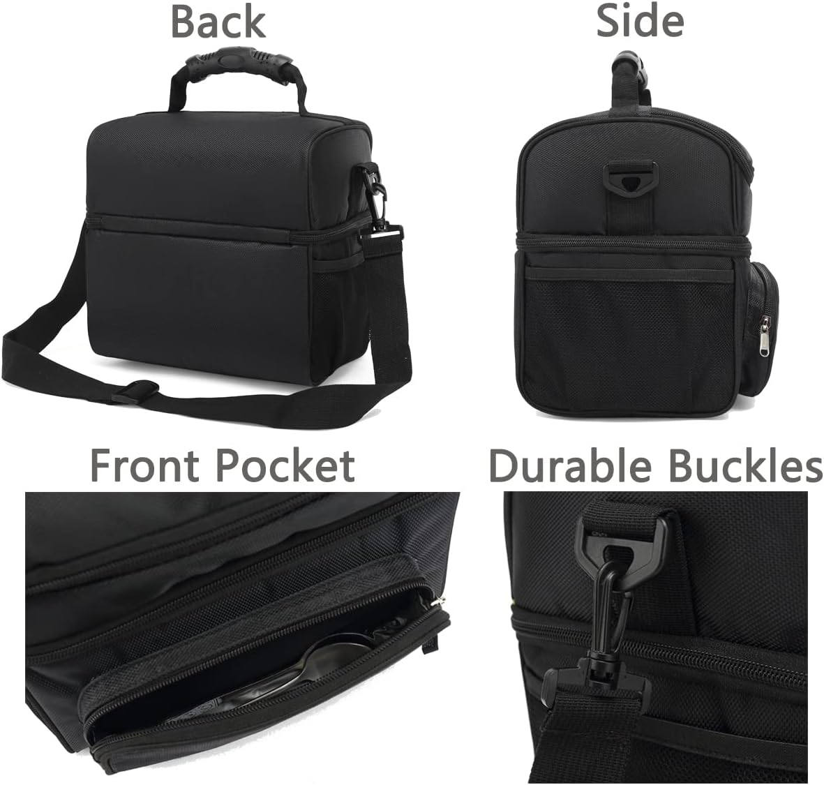 Insulated Lunch Bag Adult Lunch Box Large Tote Double Layer Cooler for Men, Women, with Adjustable Strap,Front Pocket and Mesh Side Pockets,Black - Image 5