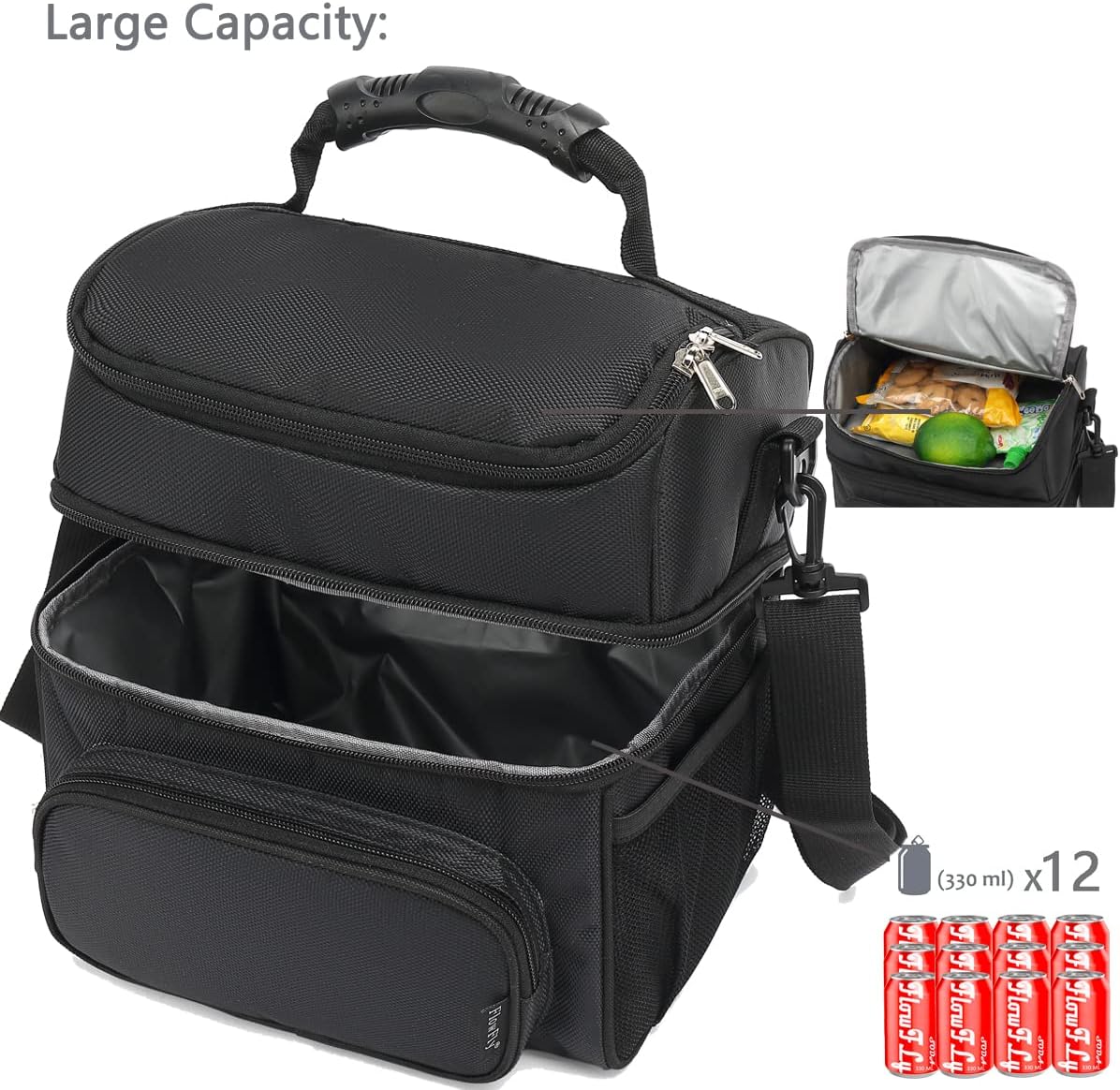 Insulated Lunch Bag Adult Lunch Box Large Tote Double Layer Cooler for Men, Women, with Adjustable Strap,Front Pocket and Mesh Side Pockets,Black - Image 6