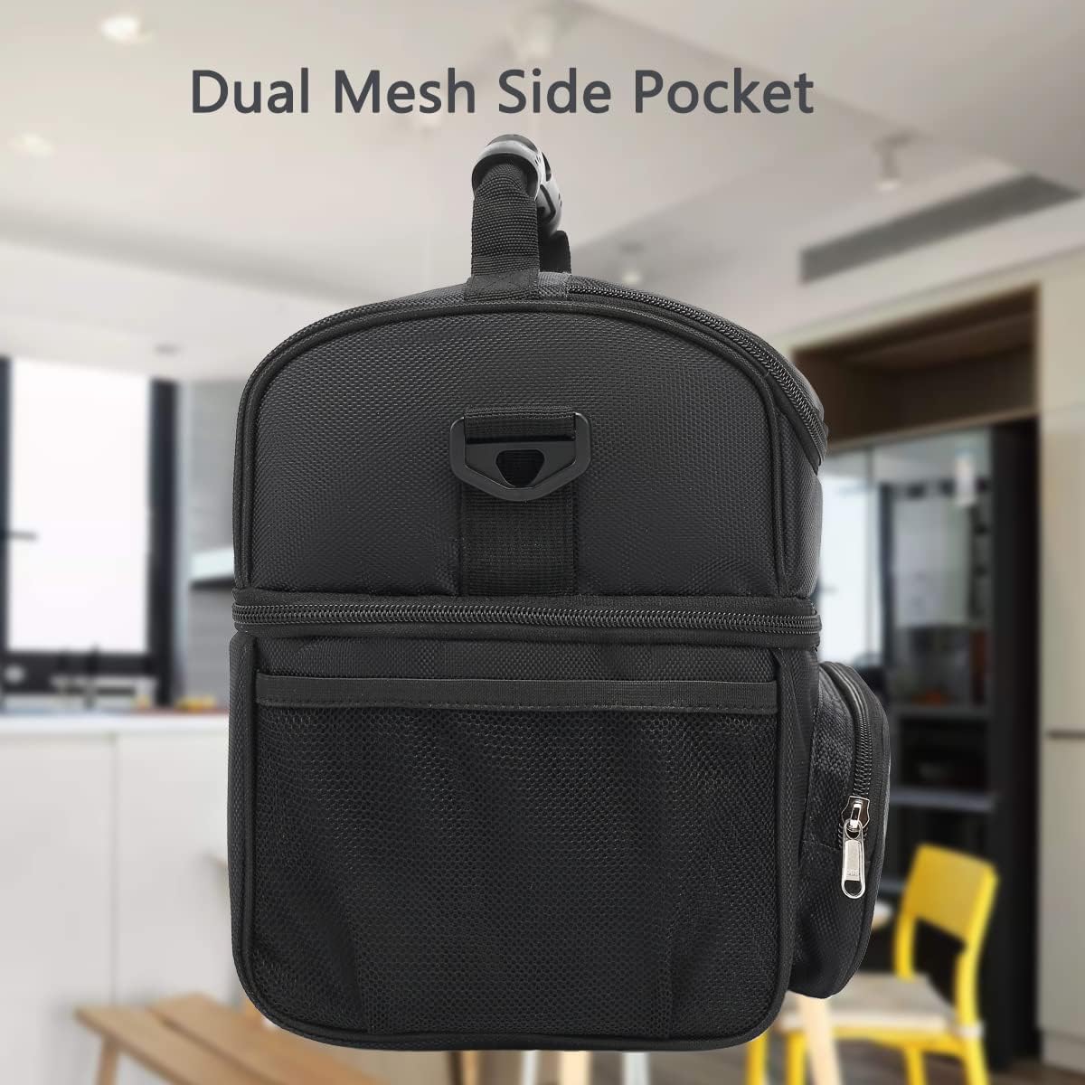 Insulated Lunch Bag Adult Lunch Box Large Tote Double Layer Cooler for Men, Women, with Adjustable Strap,Front Pocket and Mesh Side Pockets,Black - Image 8