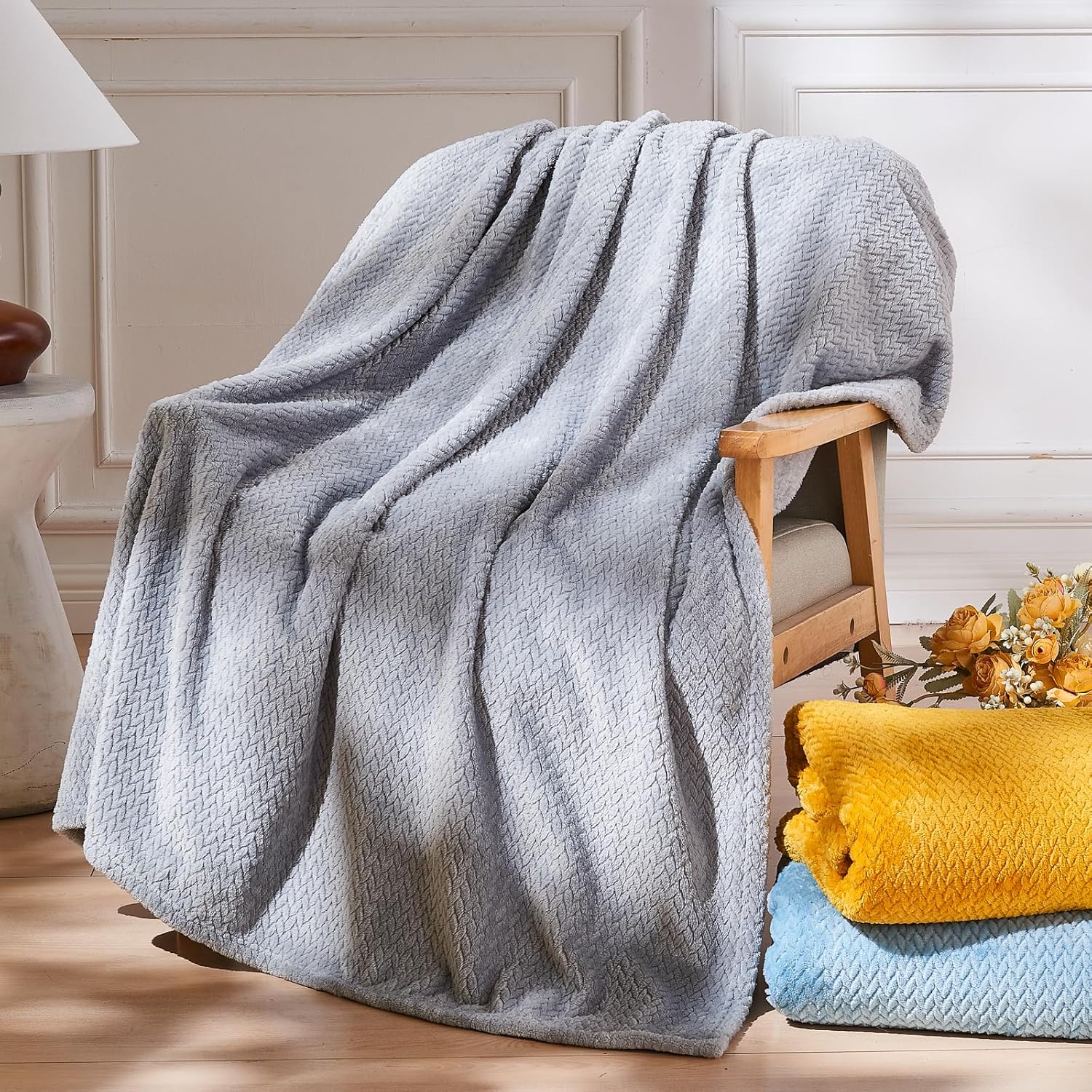 Super Soft Throw Size Blanket Grey Premium Silky Flannel Fleece Leaves Pattern Lightweight Bed Blanket All Season Use (Grey, Throw(50