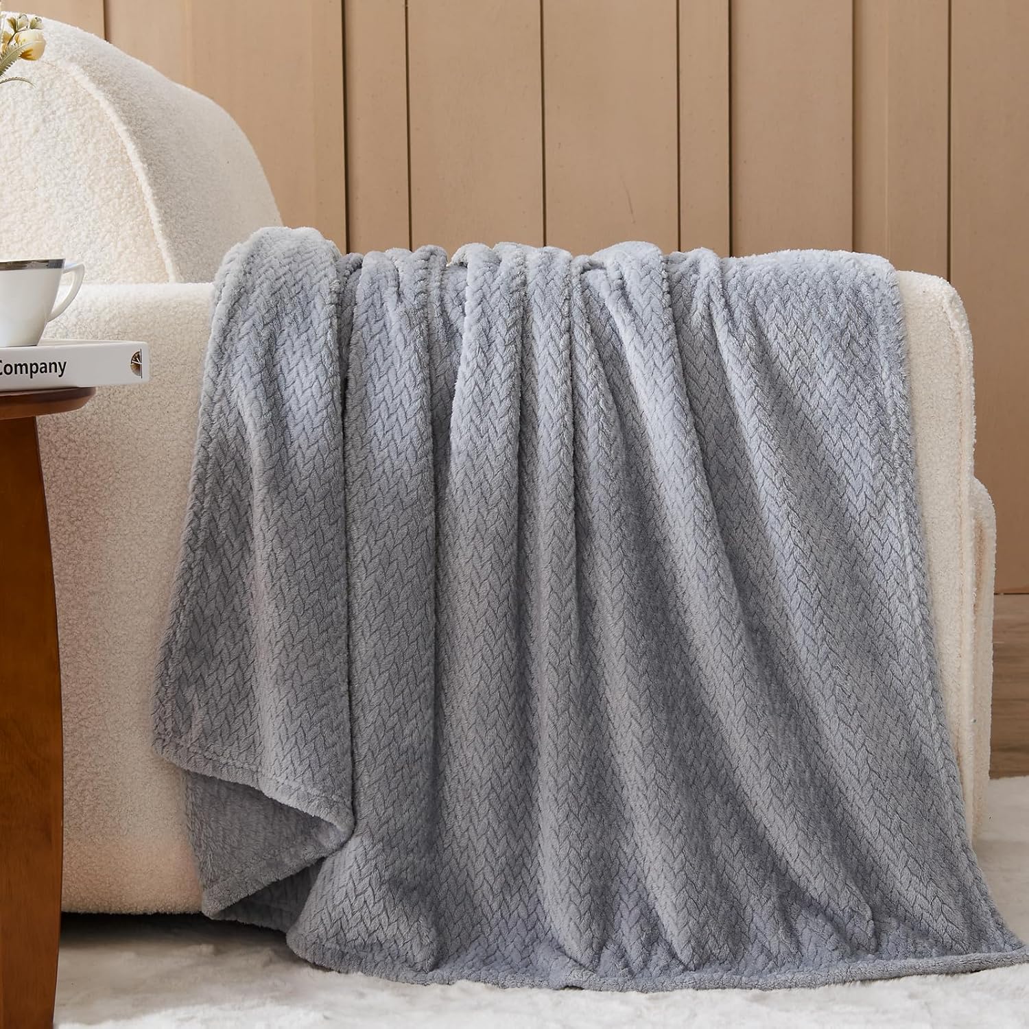 Super Soft Throw Size Blanket Grey Premium Silky Flannel Fleece Leaves Pattern Lightweight Bed Blanket All Season Use (Grey, Throw(50