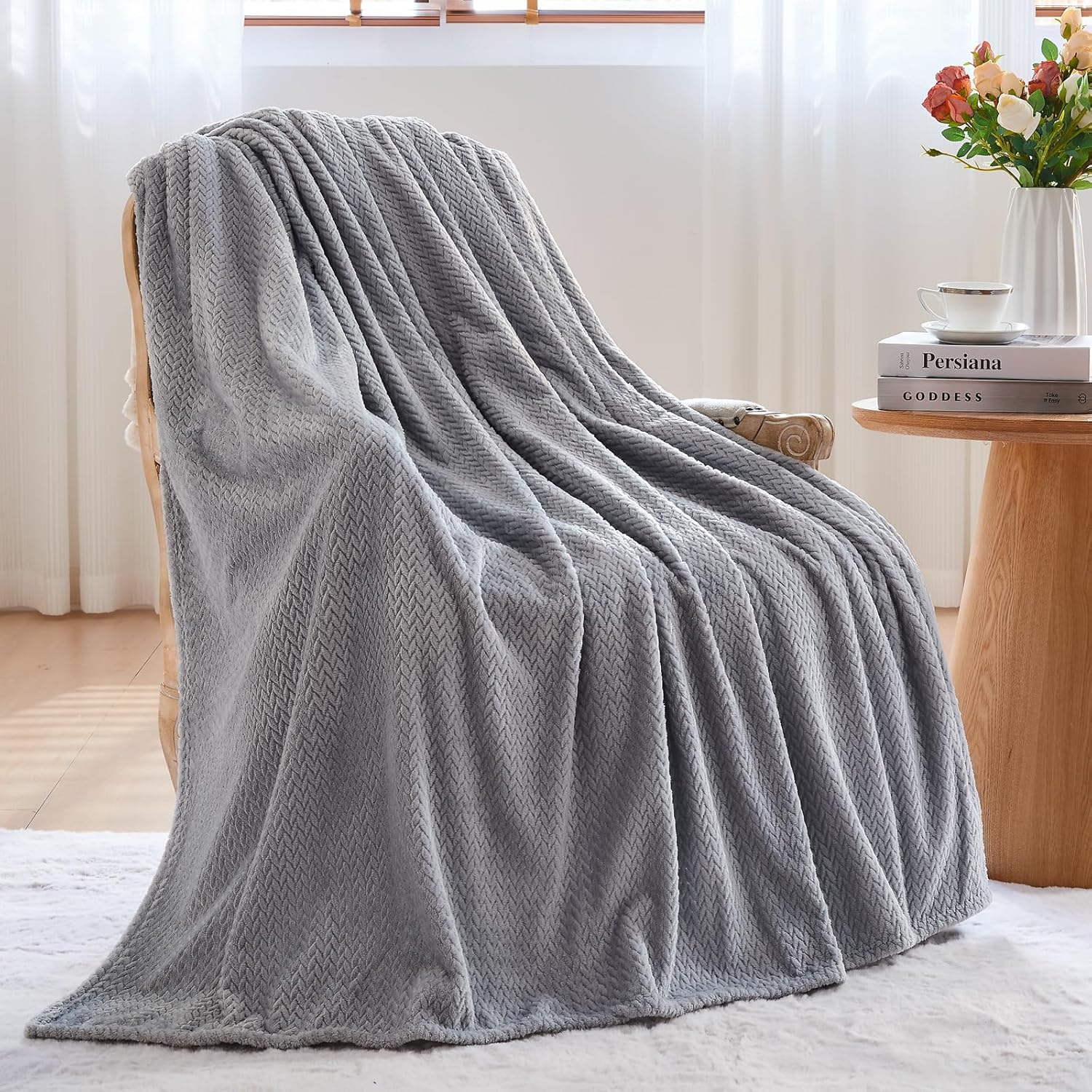 Super Soft Throw Size Blanket Grey Premium Silky Flannel Fleece Leaves Pattern Lightweight Bed Blanket All Season Use (Grey, Throw(50