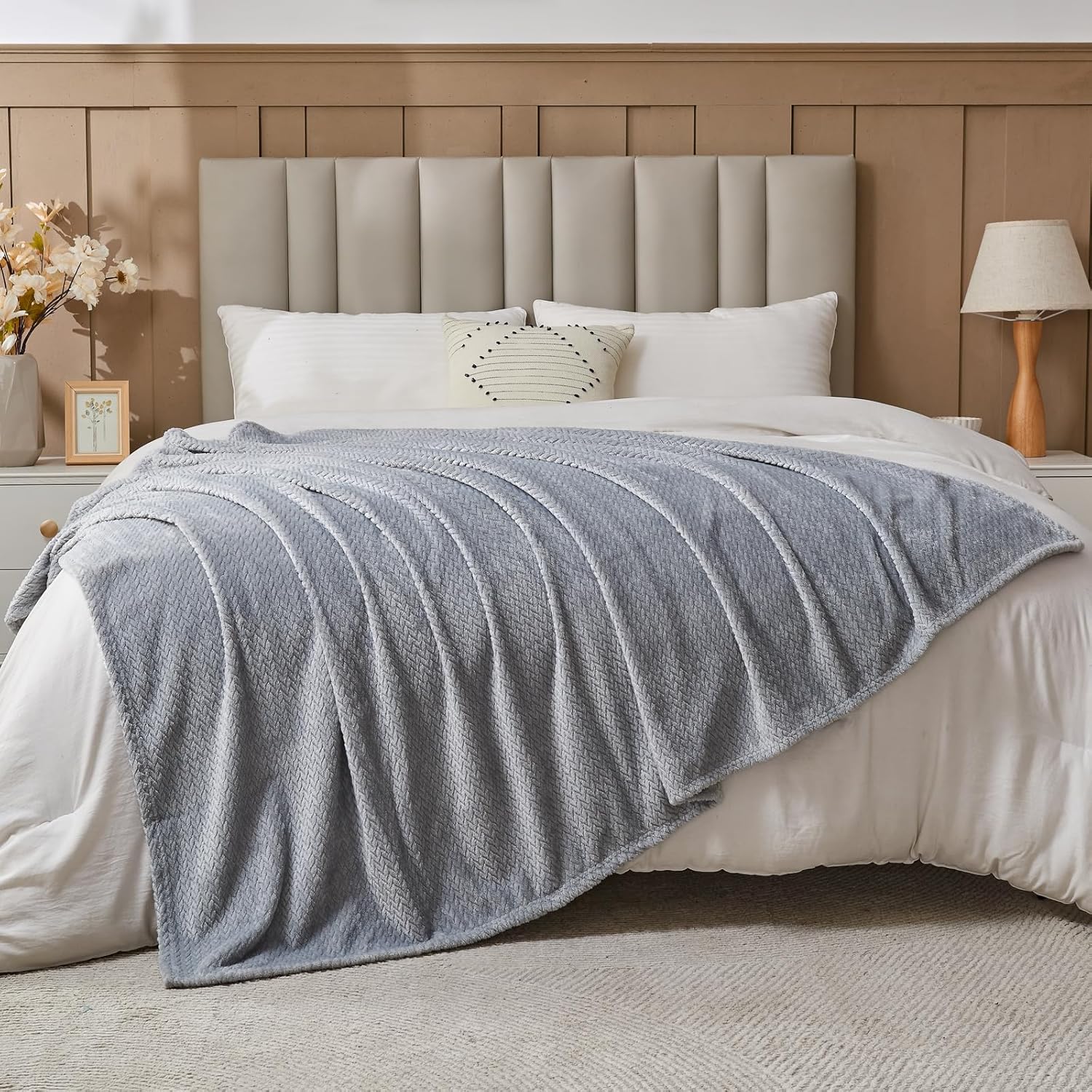 Super Soft Throw Size Blanket Grey Premium Silky Flannel Fleece Leaves Pattern Lightweight Bed Blanket All Season Use (Grey, Throw(50