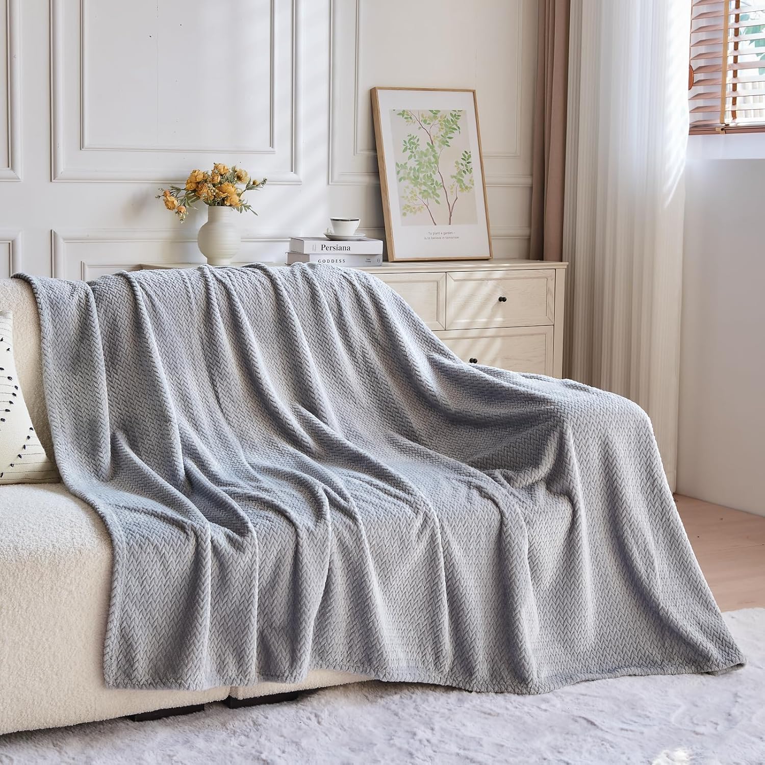 Super Soft Throw Size Blanket Grey Premium Silky Flannel Fleece Leaves Pattern Lightweight Bed Blanket All Season Use (Grey, Throw(50