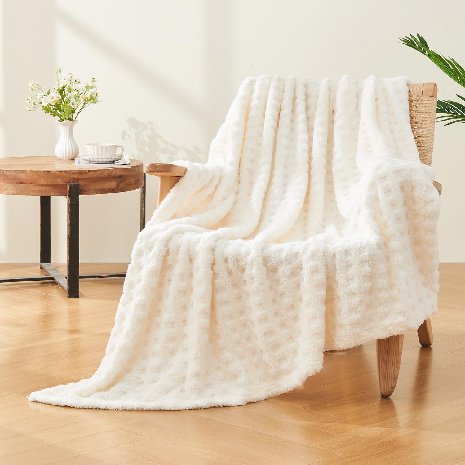 Throw Blankets for Bed Waffle White Blanket for Women Cozy Soft Fluffy Fleece Throw Blanket for Couch Lightweight Breathable Bed for All Season Cream 50x70 - Image 1
