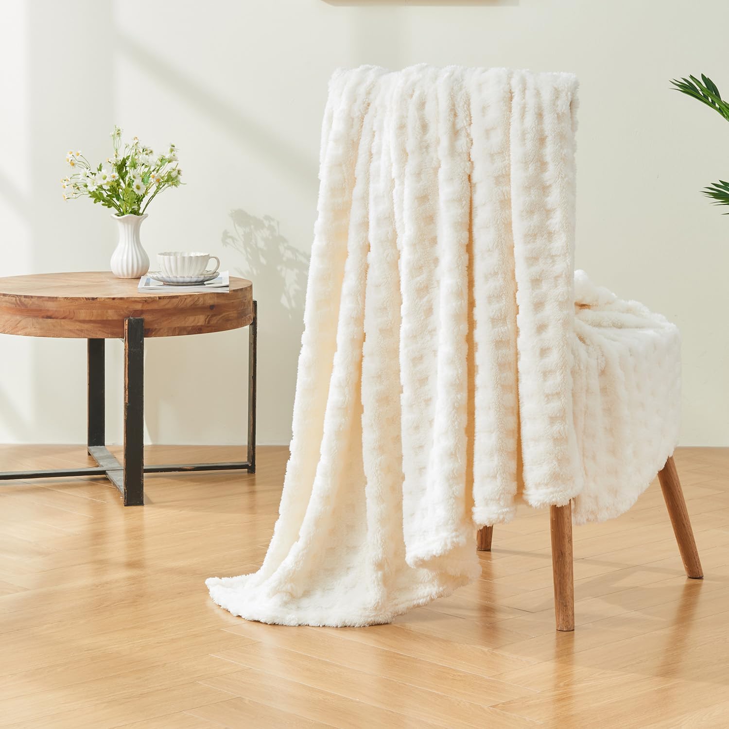 Throw Blankets for Bed Waffle White Blanket for Women Cozy Soft Fluffy Fleece Throw Blanket for Couch Lightweight Breathable Bed for All Season Cream 50x70 - Image 2