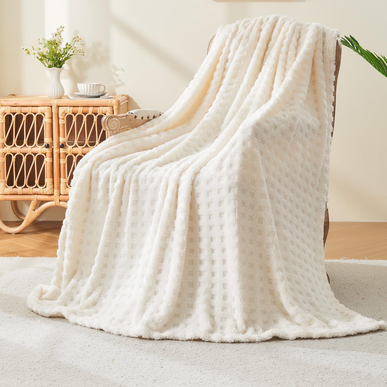 Throw Blankets for Bed Waffle White Blanket for Women Cozy Soft Fluffy Fleece Throw Blanket for Couch Lightweight Breathable Bed for All Season Cream 50x70 - Image 3