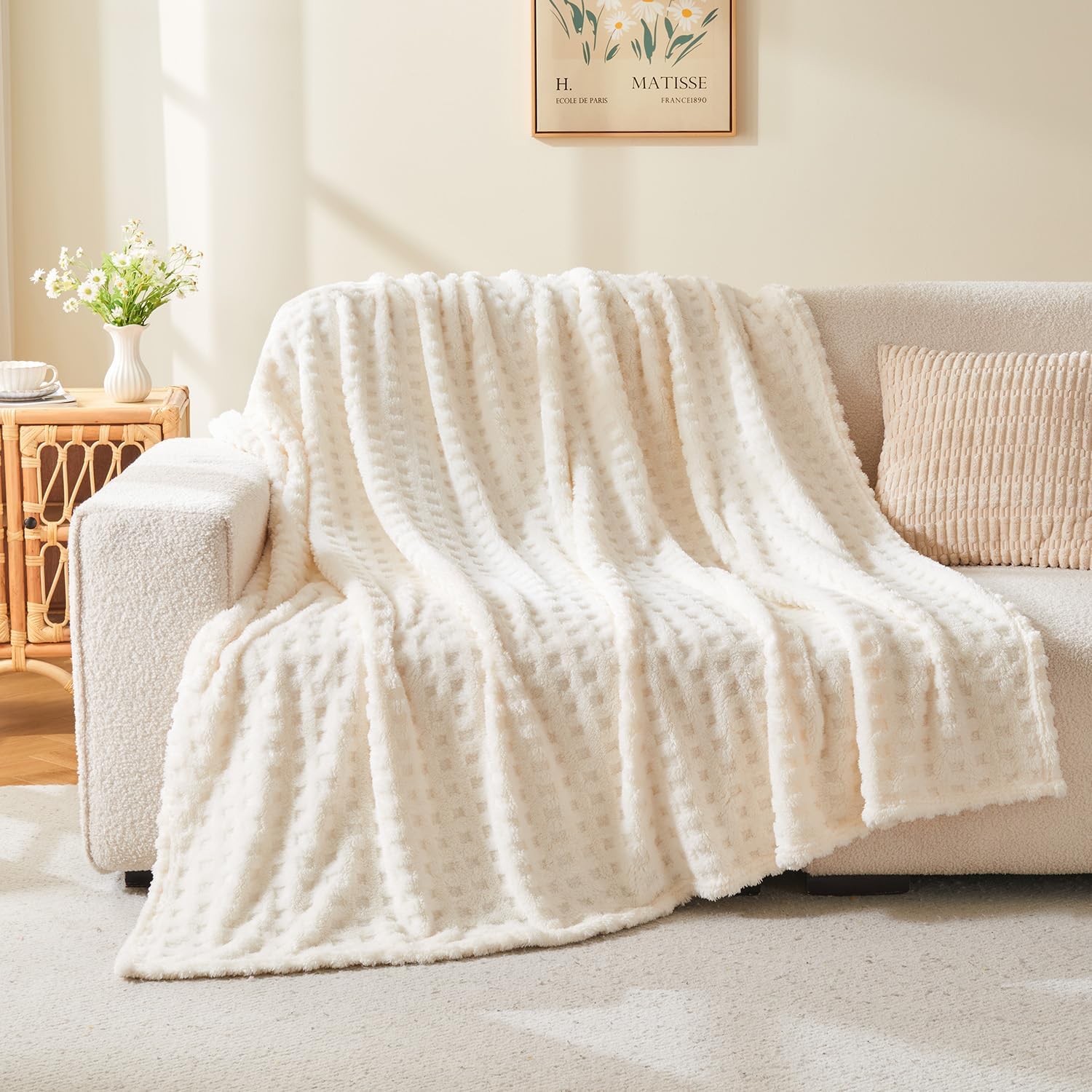 Throw Blankets for Bed Waffle White Blanket for Women Cozy Soft Fluffy Fleece Throw Blanket for Couch Lightweight Breathable Bed for All Season Cream 50x70 - Image 4