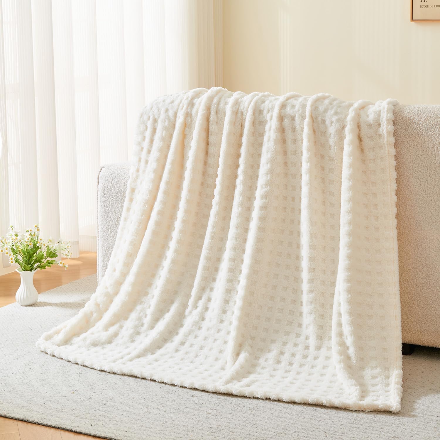 Throw Blankets for Bed Waffle White Blanket for Women Cozy Soft Fluffy Fleece Throw Blanket for Couch Lightweight Breathable Bed for All Season Cream 50x70 - Image 5
