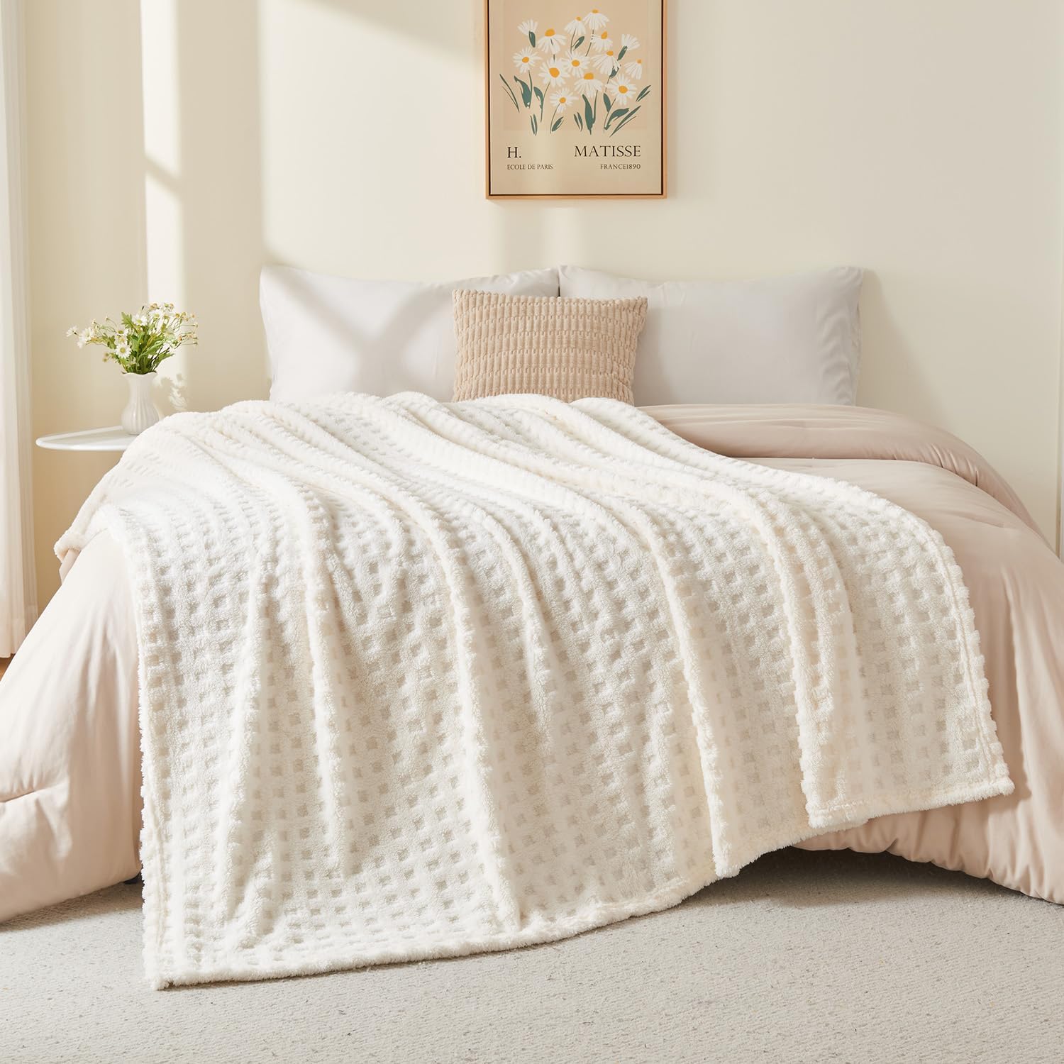 Throw Blankets for Bed Waffle White Blanket for Women Cozy Soft Fluffy Fleece Throw Blanket for Couch Lightweight Breathable Bed for All Season Cream 50x70 - Image 6