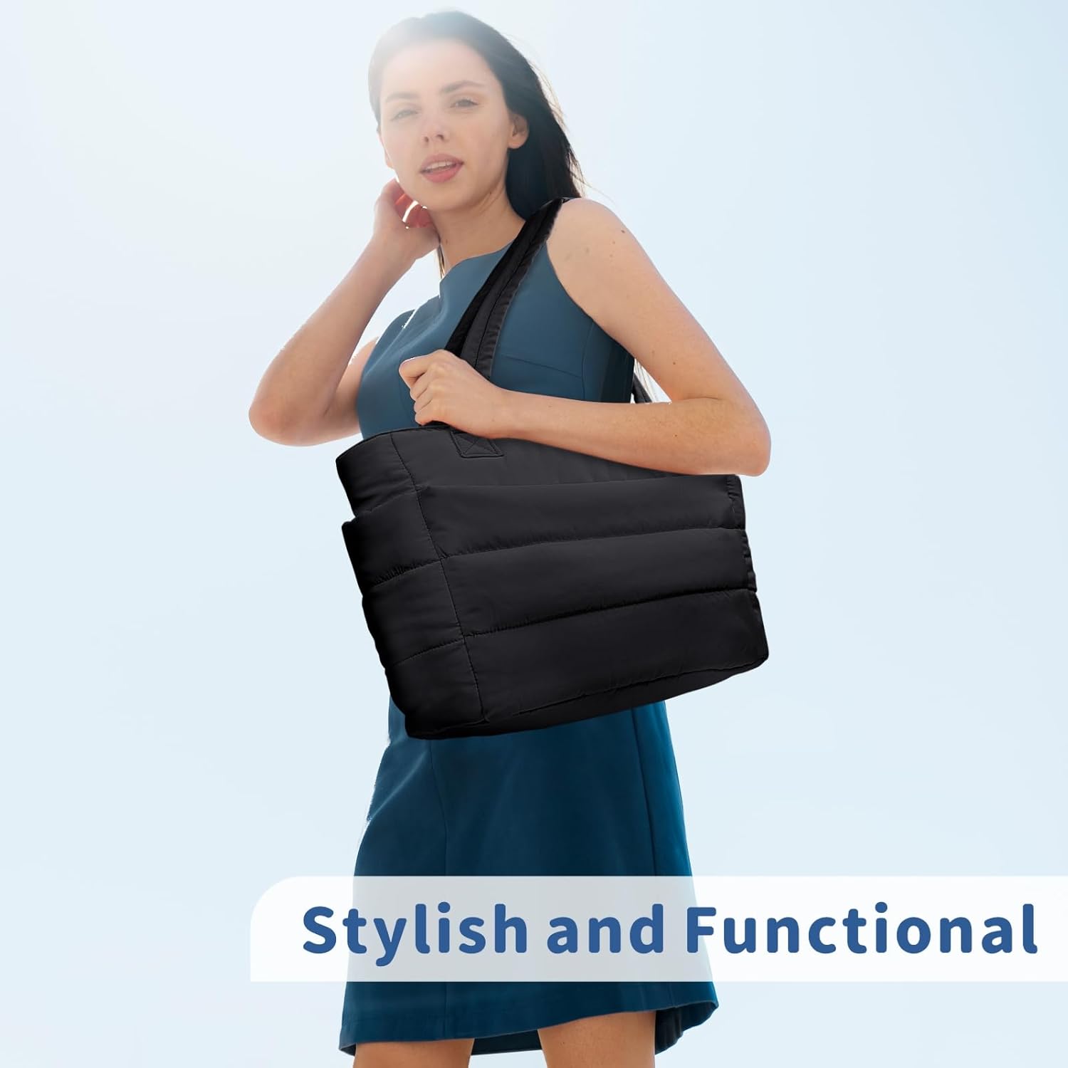 Puffer Tote Bag for Women, Lightweight Puffy Handbag with Compartments, Quilted Shoulder Bag for Work, Travel, Gym - Image 3