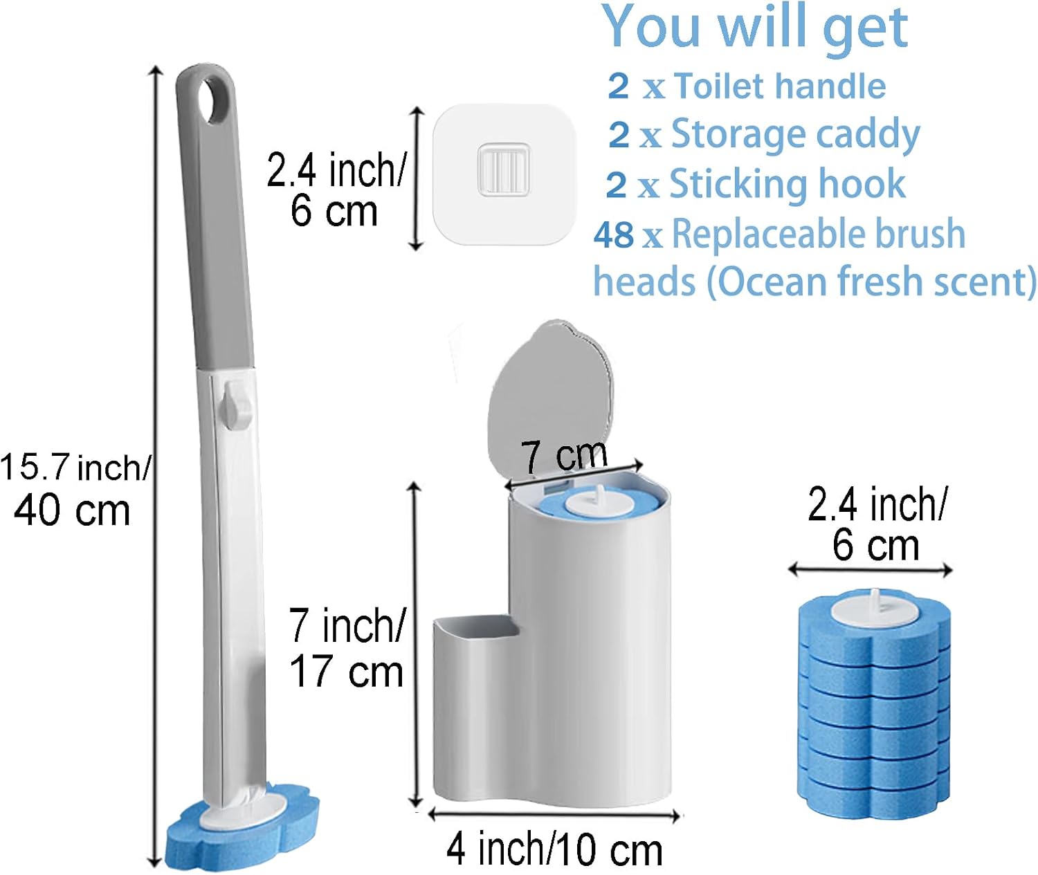 2 Pack Disposable Toilet Brush and Holder Set,Extended Handle with 48 Cleaner Refills Toilet Brush for Toilet Bowl Cleaners,Bathroom Cleaning,Sink, Bathtub, Floor - Blue (Ocean Fresh Scent) - Image 4