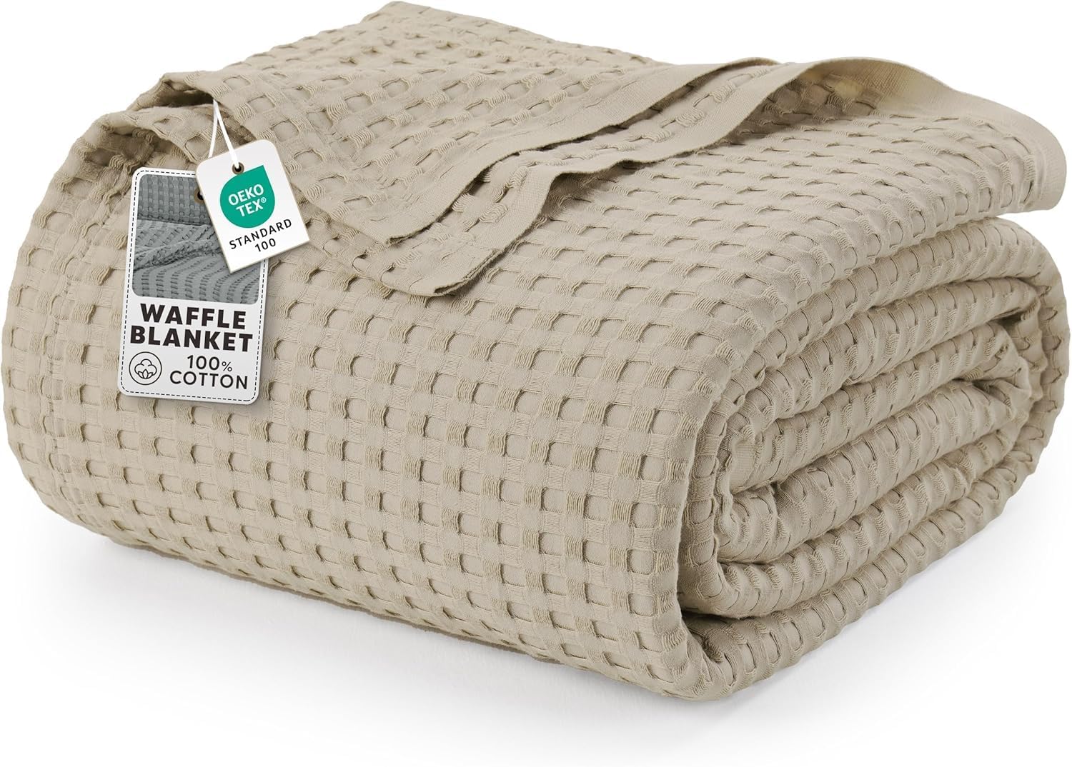 100% Cotton Khaki Waffle Blanket (Big Size - 120x120 Inch) Soft Lightweight Cozy Breathable Bed Blanket for All Seasons - Image 1