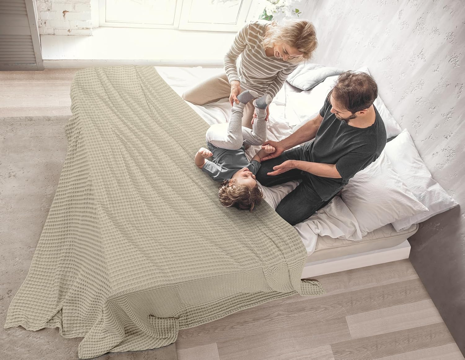 100% Cotton Khaki Waffle Blanket (Big Size - 120x120 Inch) Soft Lightweight Cozy Breathable Bed Blanket for All Seasons - Image 3