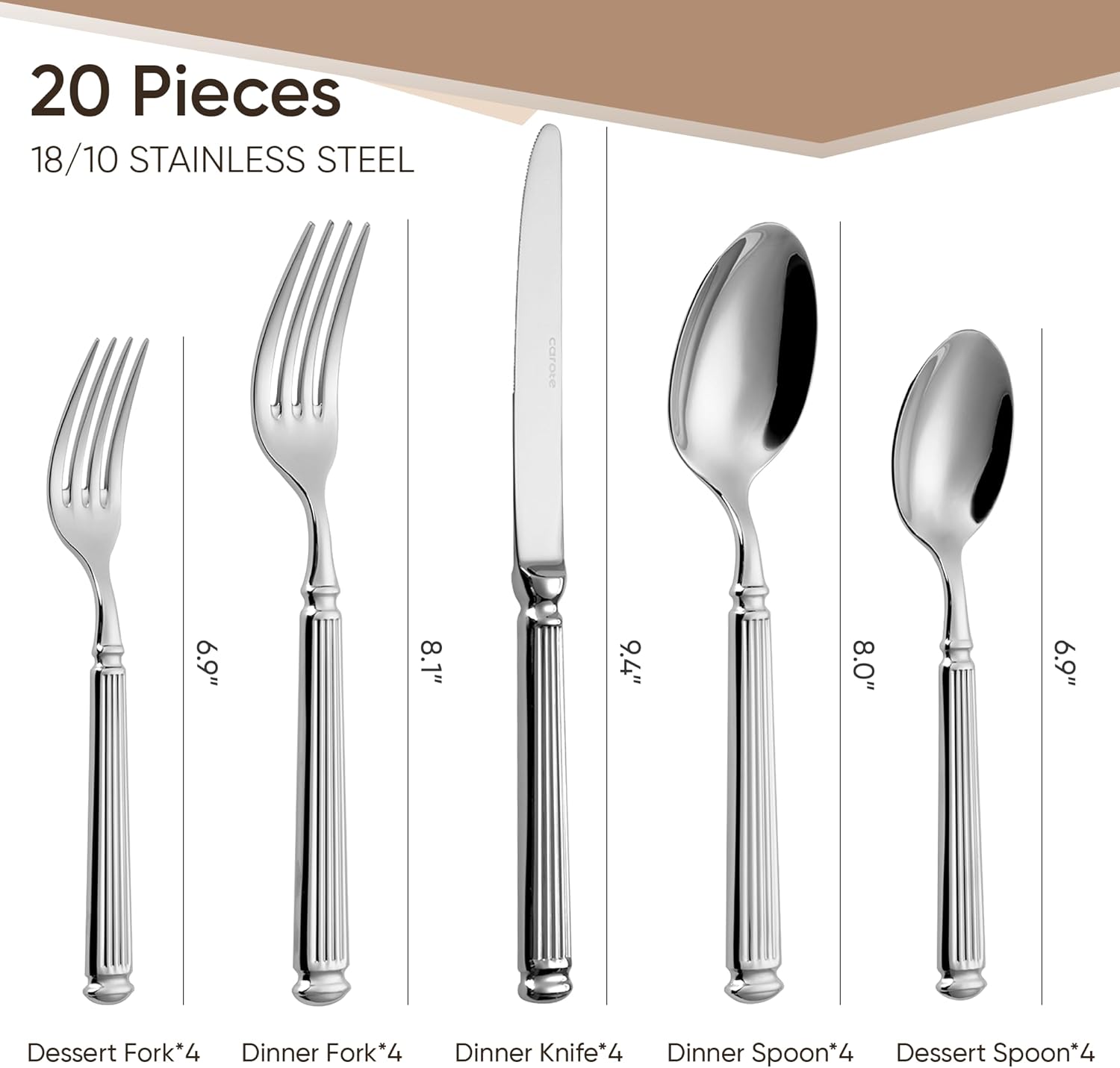 20 Pieces Silverware Set, Premium 18/10 Stainless Steel Flatware Set, Luxury Cutlery Set for 4, Dishwasher Safe for Home and Kitchen with Relief Patterns Handle, Party, Wedding, Silver - Image 5