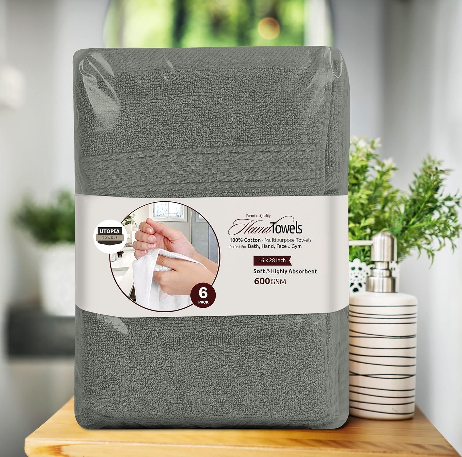6 Pack Premium Hand Towels, 16 by 28 inches, 100% Ring Spun Cotton, Soft and Absorbent 600 GSM Towels for Bathroom, Gym, and Hotel, Grey - Image 3