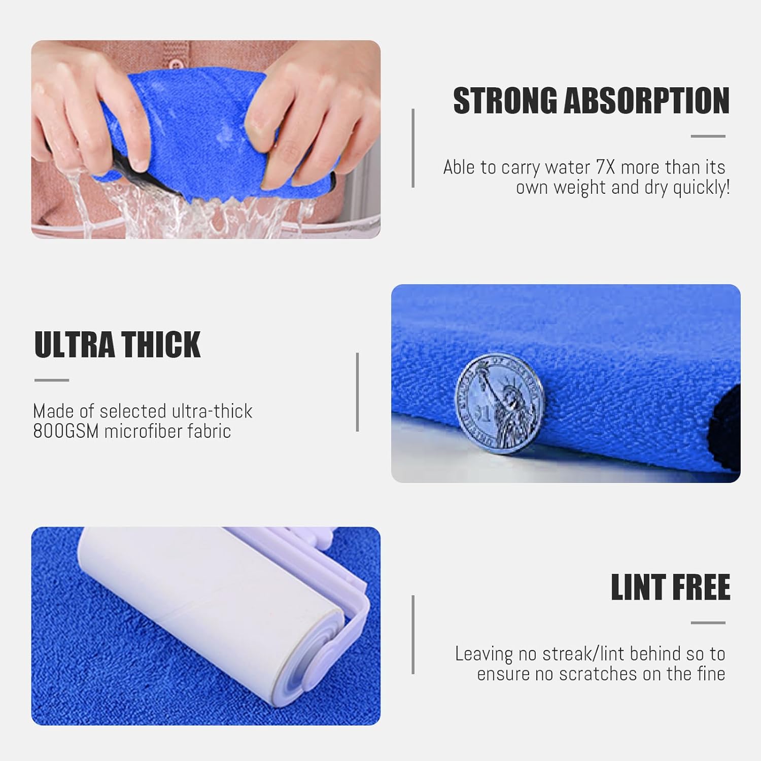Microfiber Car Drying Towels 800GSM Thick Plush Cleaning Cloths Auto Detailing Quick Dry Wash Cloth for Interior & Exterior Lint Free, Streak Free, 40 x 40 cm, 4 Pack - Image 2