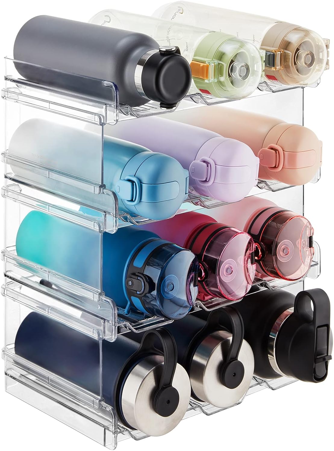 Stackable Water Bottle Organizer for Cabinet, Freezer, Pantry - Plastic Cup Holder, Wine Racks for Kitchen Tabletop Storage, Cupboard, Office - Pack of 4, Each Rack Holds 3 Containers - Image 1