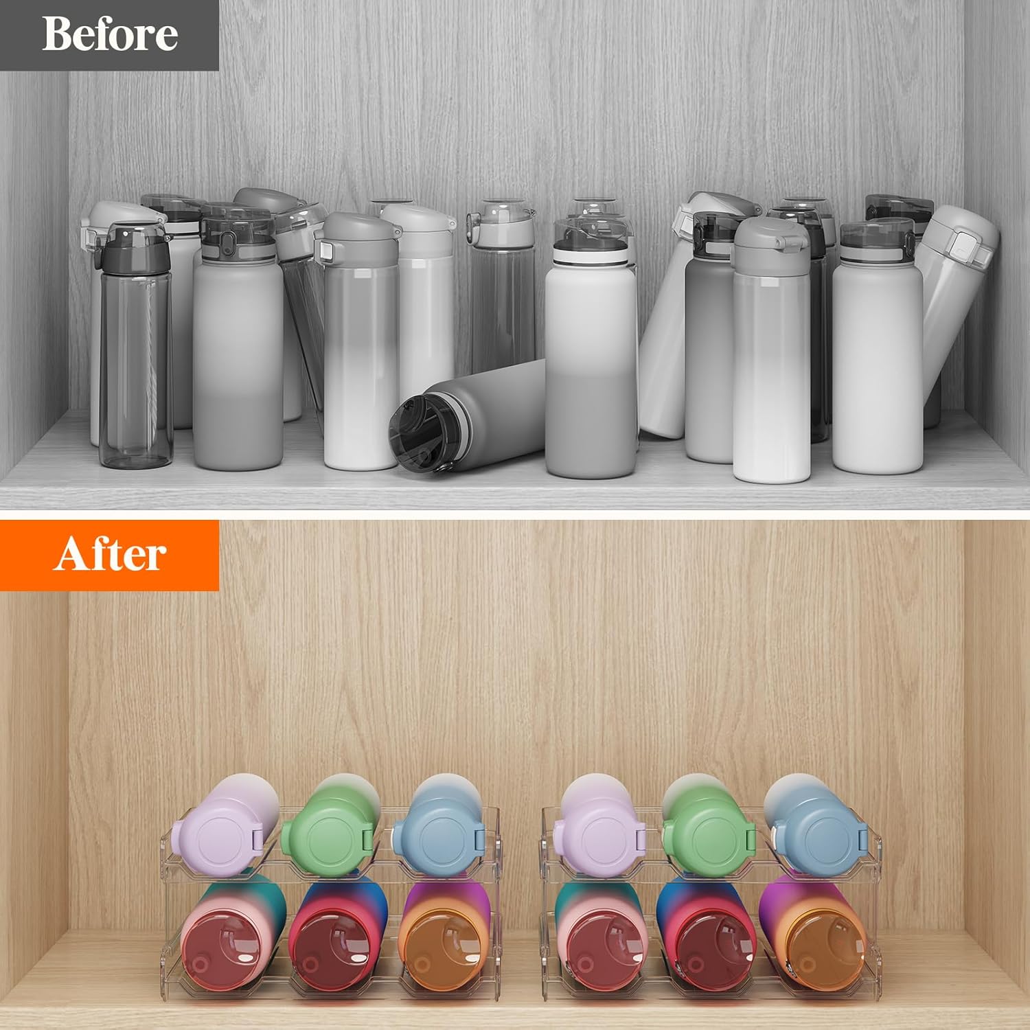 Stackable Water Bottle Organizer for Cabinet, Freezer, Pantry - Plastic Cup Holder, Wine Racks for Kitchen Tabletop Storage, Cupboard, Office - Pack of 4, Each Rack Holds 3 Containers - Image 2