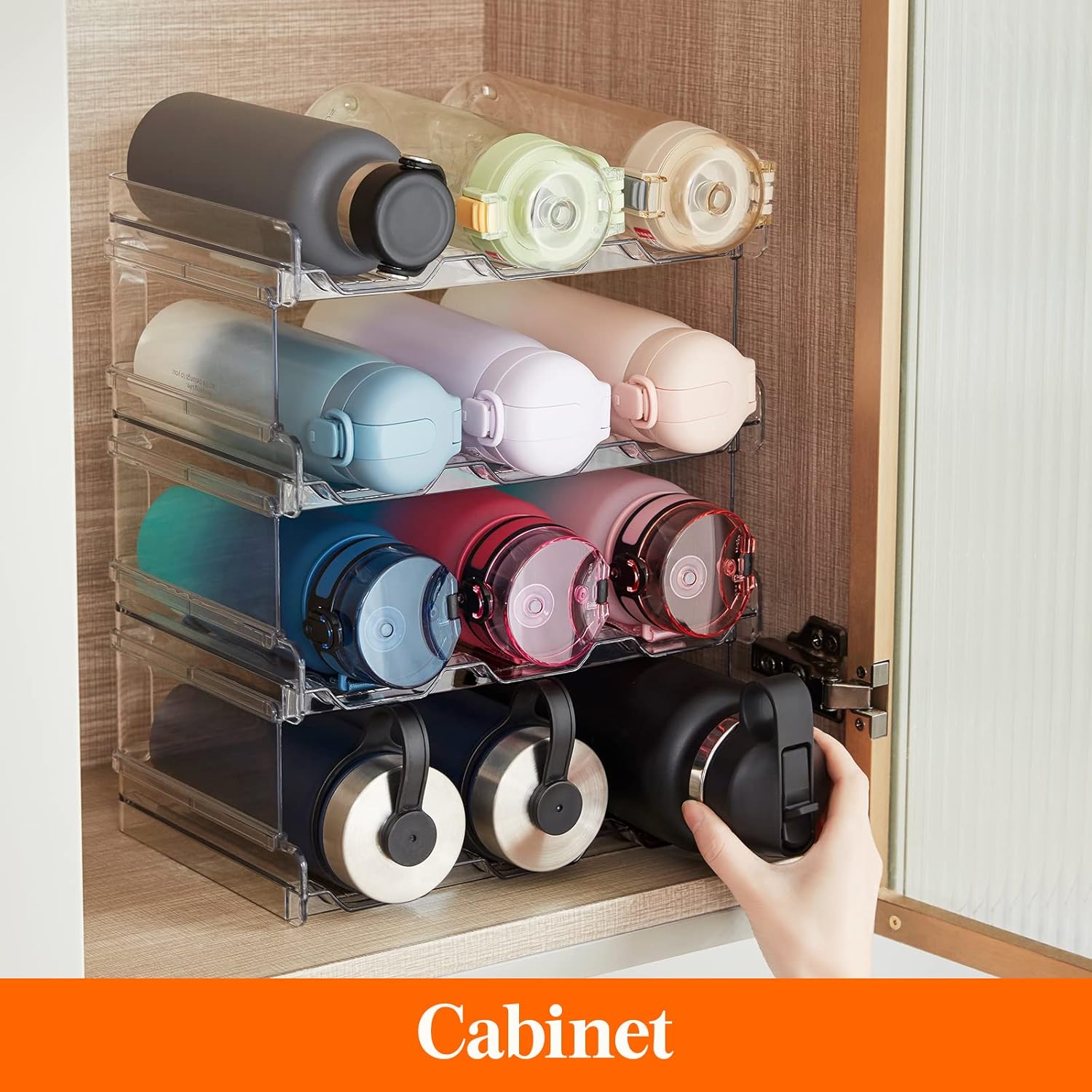 Stackable Water Bottle Organizer for Cabinet, Freezer, Pantry - Plastic Cup Holder, Wine Racks for Kitchen Tabletop Storage, Cupboard, Office - Pack of 4, Each Rack Holds 3 Containers - Image 7