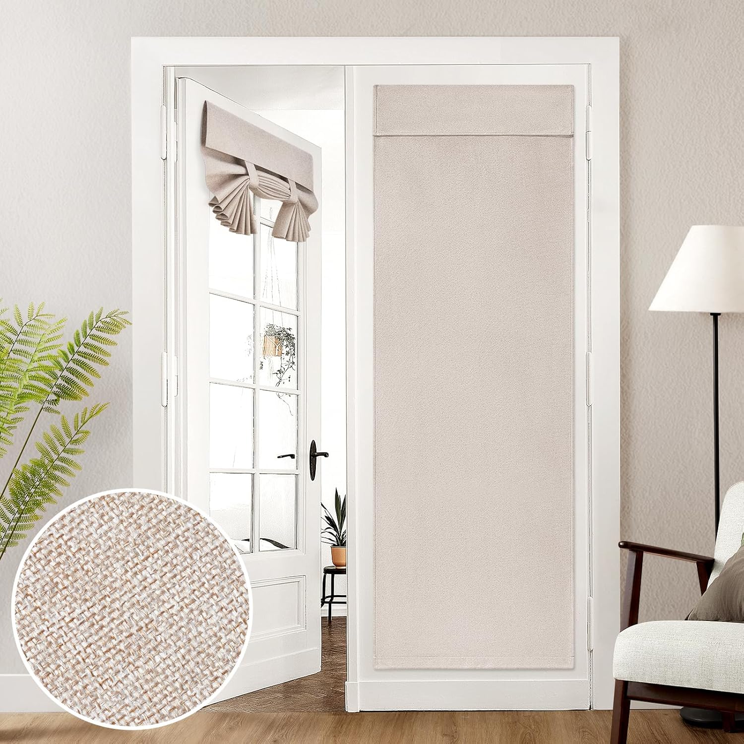 100% Natural Linen Blackout French Door Curtains, Privacy Door Window Curtains, 26 X 72 Inch Room Darkening Blinds, Thermal Insulated Shades for Bedroom, 1 Panel - Image 1