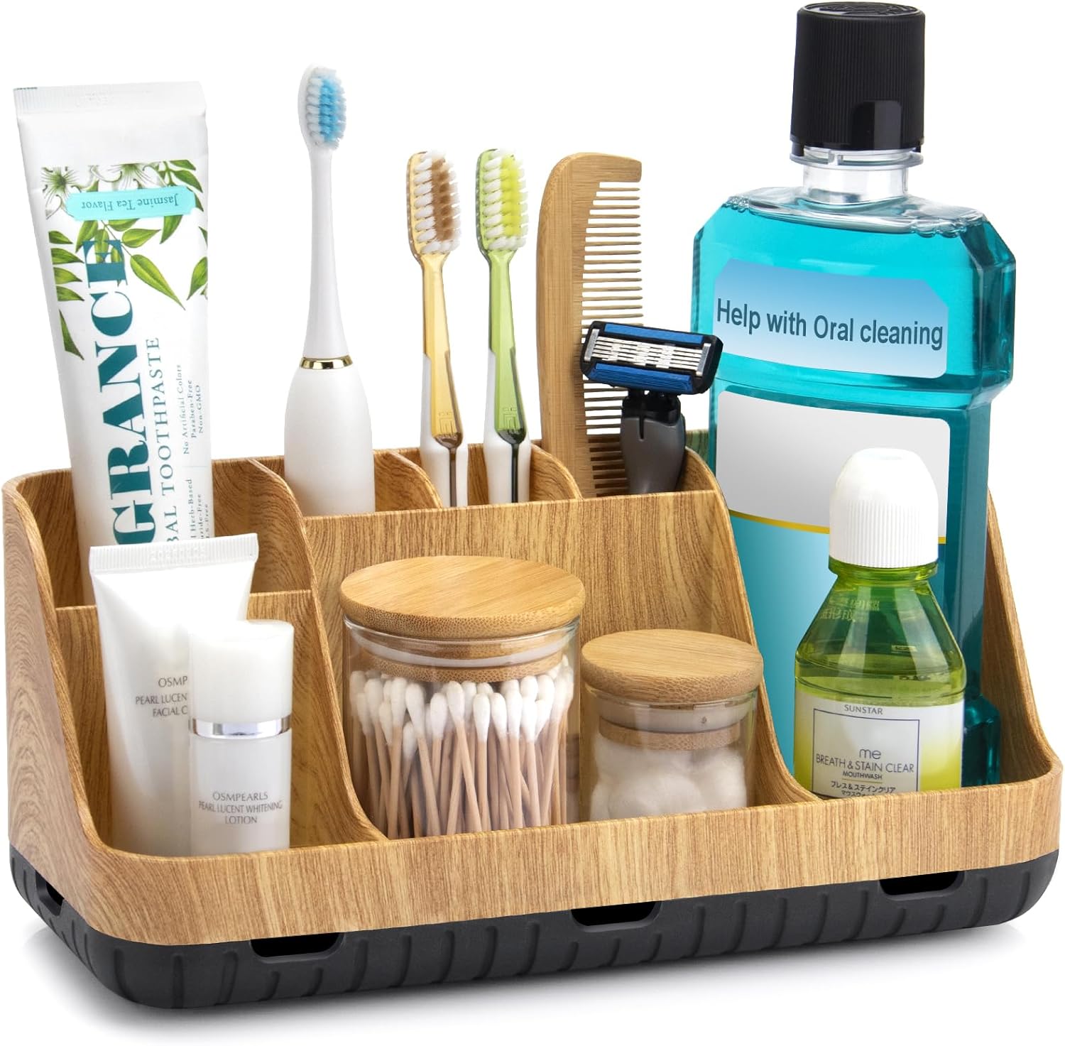 Bathroom Organizers Countertop - Detachable 7 Slots Kids Electric Toothbrush and Toothpaste Holde Drainage for Bathroom Accessories Organization Counter Vanity Sink Storage, Wood - Image 1
