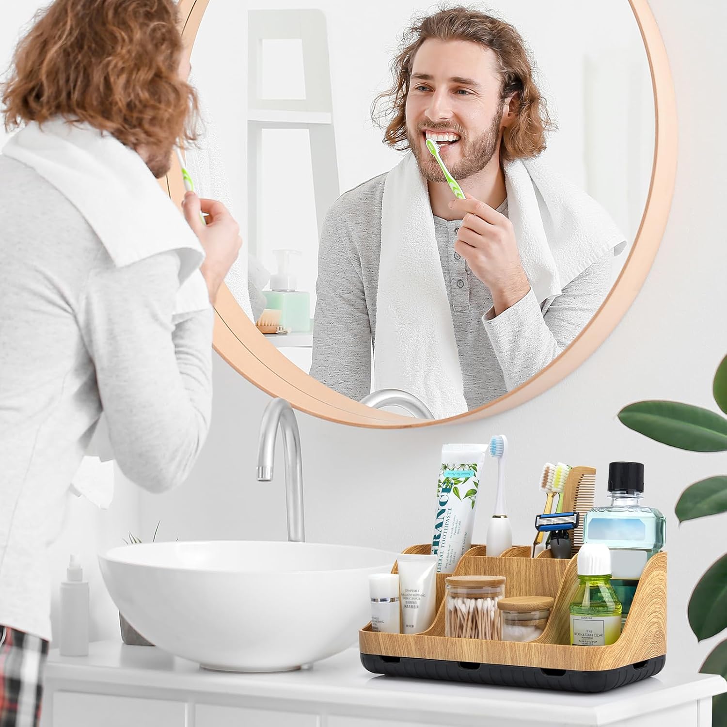 Bathroom Organizers Countertop - Detachable 7 Slots Kids Electric Toothbrush and Toothpaste Holde Drainage for Bathroom Accessories Organization Counter Vanity Sink Storage, Wood - Image 2