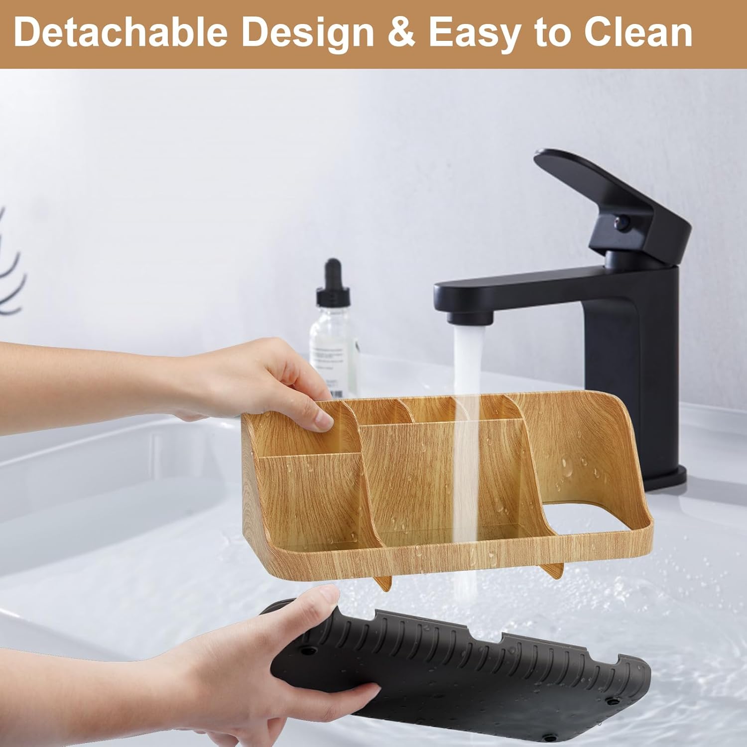 Bathroom Organizers Countertop - Detachable 7 Slots Kids Electric Toothbrush and Toothpaste Holde Drainage for Bathroom Accessories Organization Counter Vanity Sink Storage, Wood - Image 3