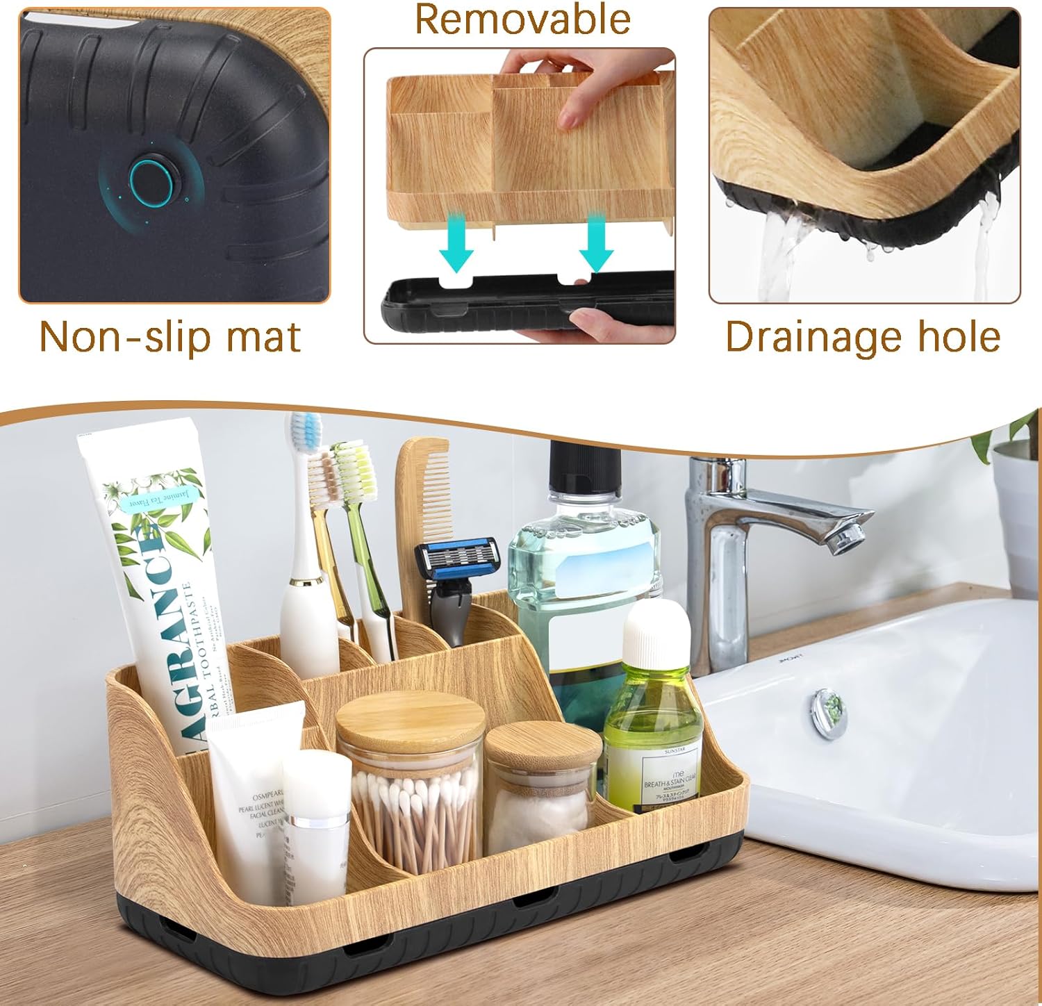 Bathroom Organizers Countertop - Detachable 7 Slots Kids Electric Toothbrush and Toothpaste Holde Drainage for Bathroom Accessories Organization Counter Vanity Sink Storage, Wood - Image 4