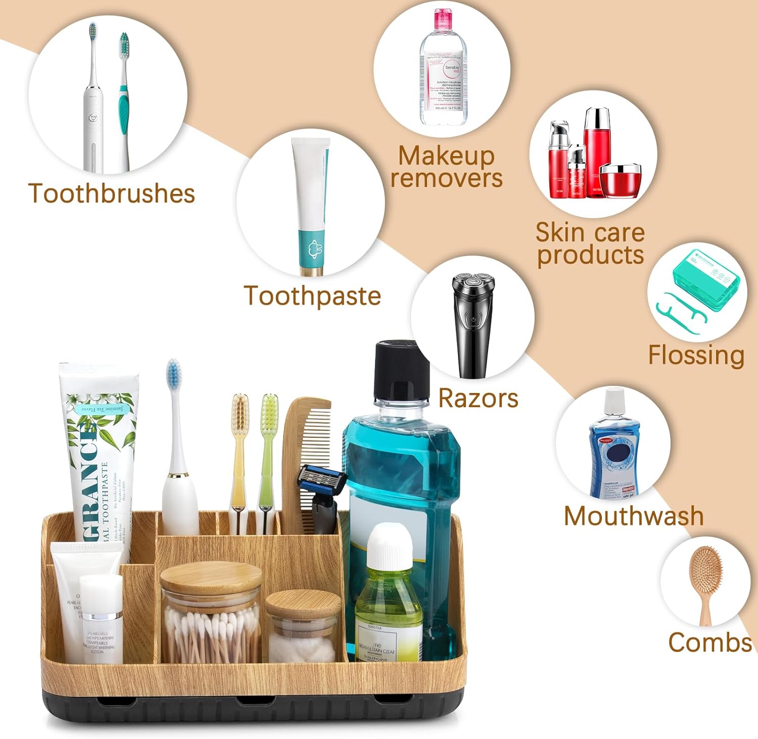 Bathroom Organizers Countertop - Detachable 7 Slots Kids Electric Toothbrush and Toothpaste Holde Drainage for Bathroom Accessories Organization Counter Vanity Sink Storage, Wood - Image 5