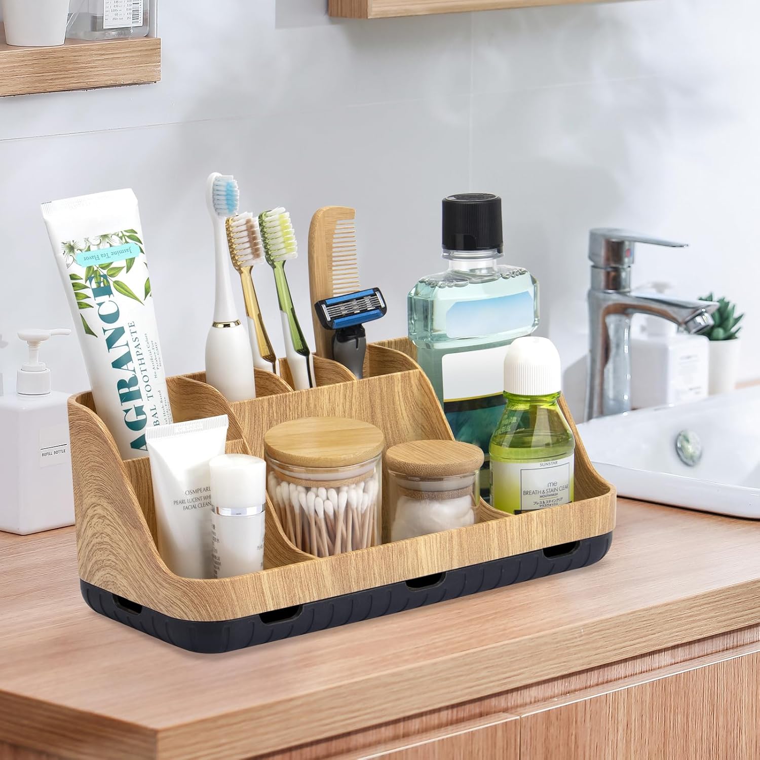 Bathroom Organizers Countertop - Detachable 7 Slots Kids Electric Toothbrush and Toothpaste Holde Drainage for Bathroom Accessories Organization Counter Vanity Sink Storage, Wood - Image 6