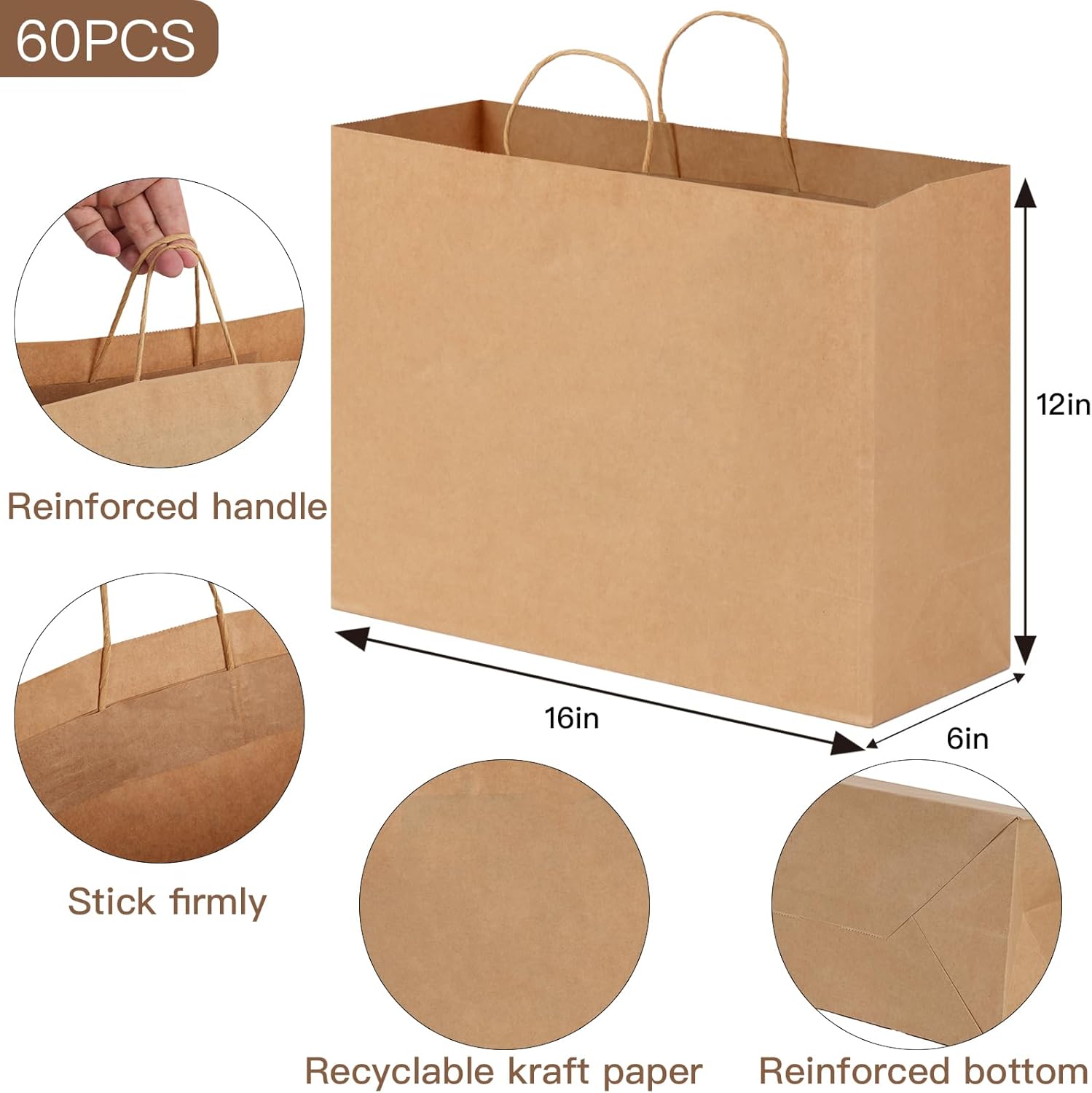 60pcs 16x6x12 Inch Large Paper Bags with Handles, Kraft Brown Paper Gift Bags for Business, Merchandise, Gifts, Shopping, Retail Stores, Birthday Party - Image 7