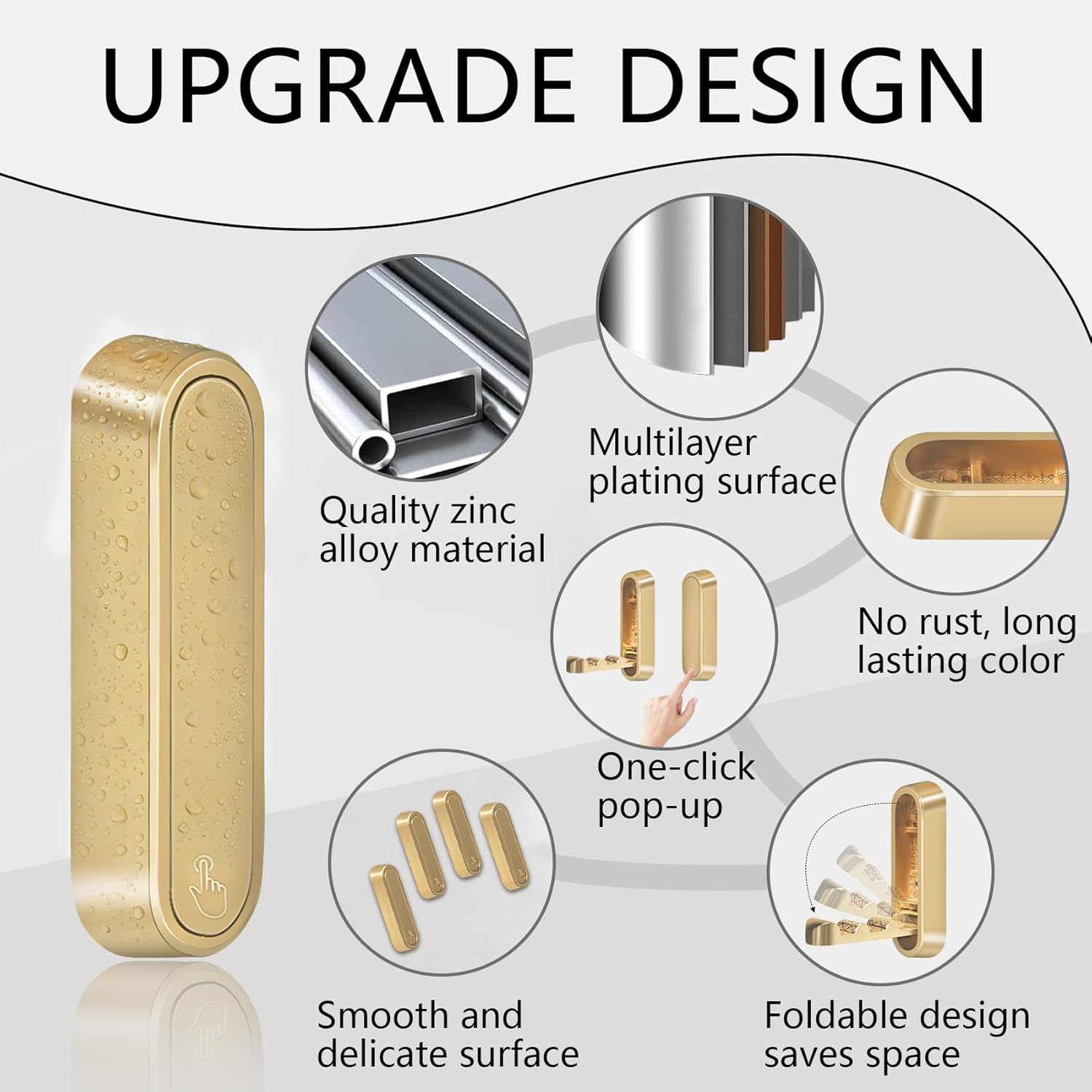 4PCS Foldable Gold Wall Hooks, Heavy Duty Zinc Alloy Folding Wall Hooks, Folding Hidden Coat Hooks Wall Mount Bathroom Foldable Towel Hooks for Hanging Clothes, Bags, Hats, Bathrobes, Keys etc (Gold) - Image 2