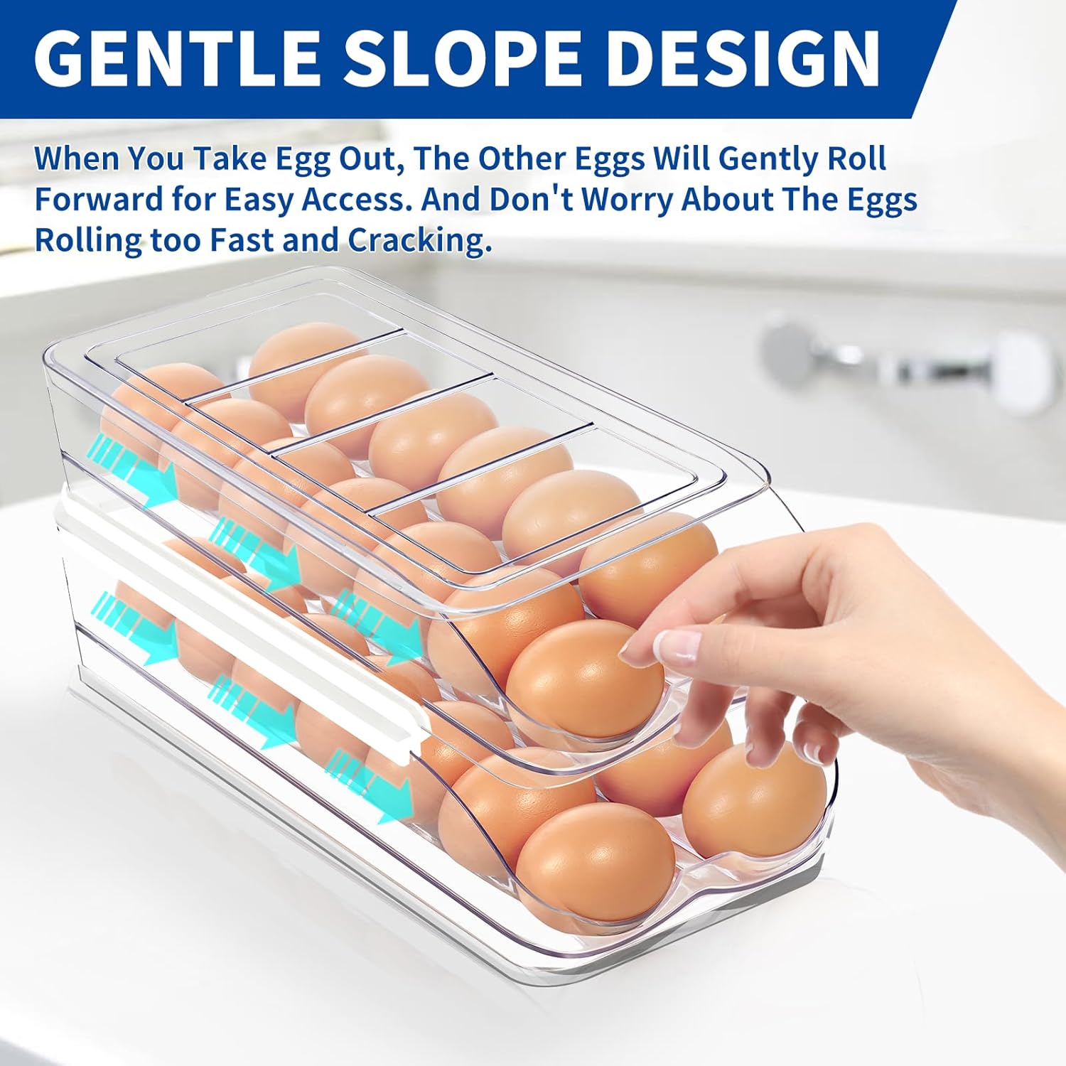 Egg Holder for Fridge, Automatic Rolling Egg Organizer for Refrigerator, Clear Plastic Egg Container & Tray, Stackable Dispenser and Storage Bin with Sturdy Lid to Saving Space -2 Layer - Image 2