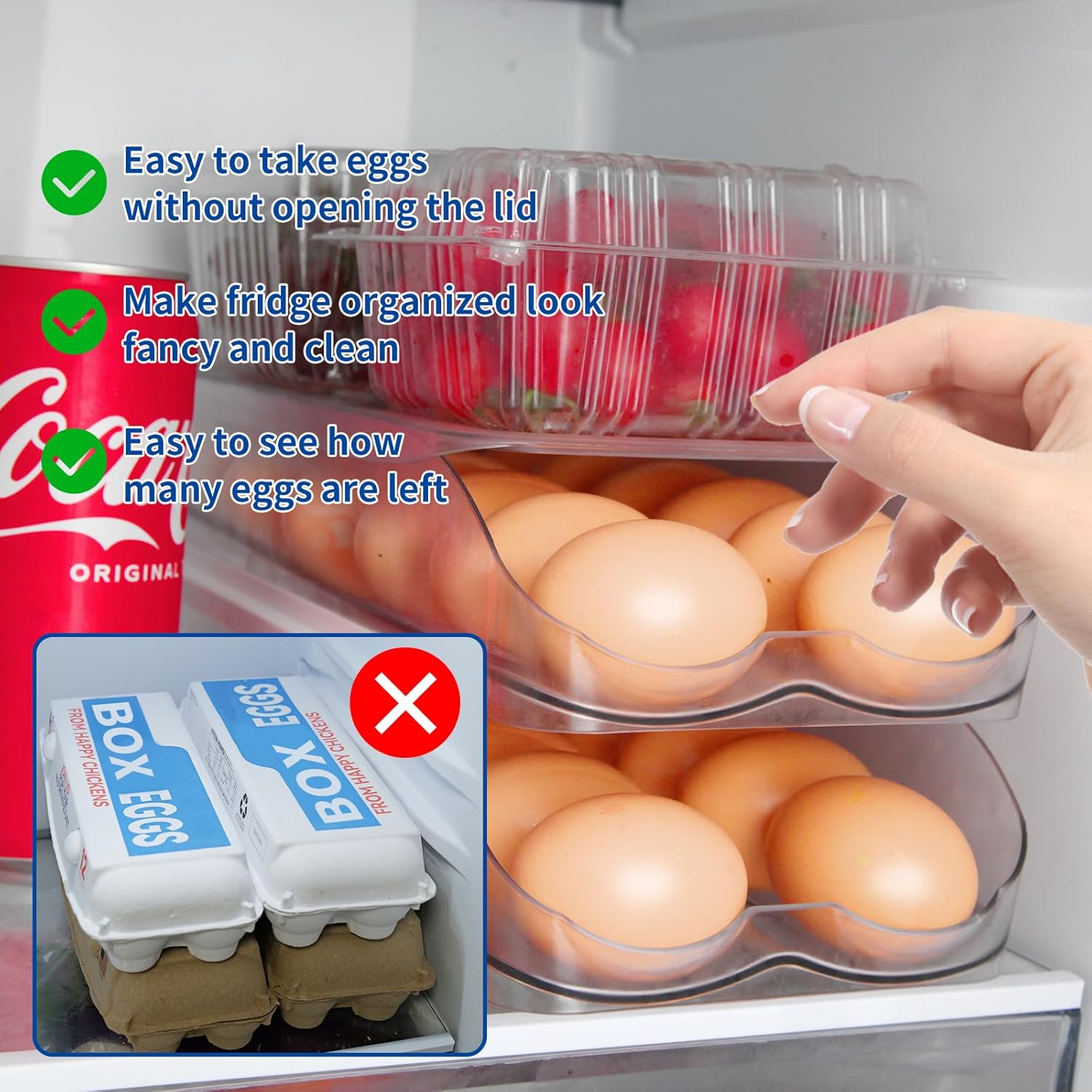 Egg Holder for Fridge, Automatic Rolling Egg Organizer for Refrigerator, Clear Plastic Egg Container & Tray, Stackable Dispenser and Storage Bin with Sturdy Lid to Saving Space -2 Layer - Image 3