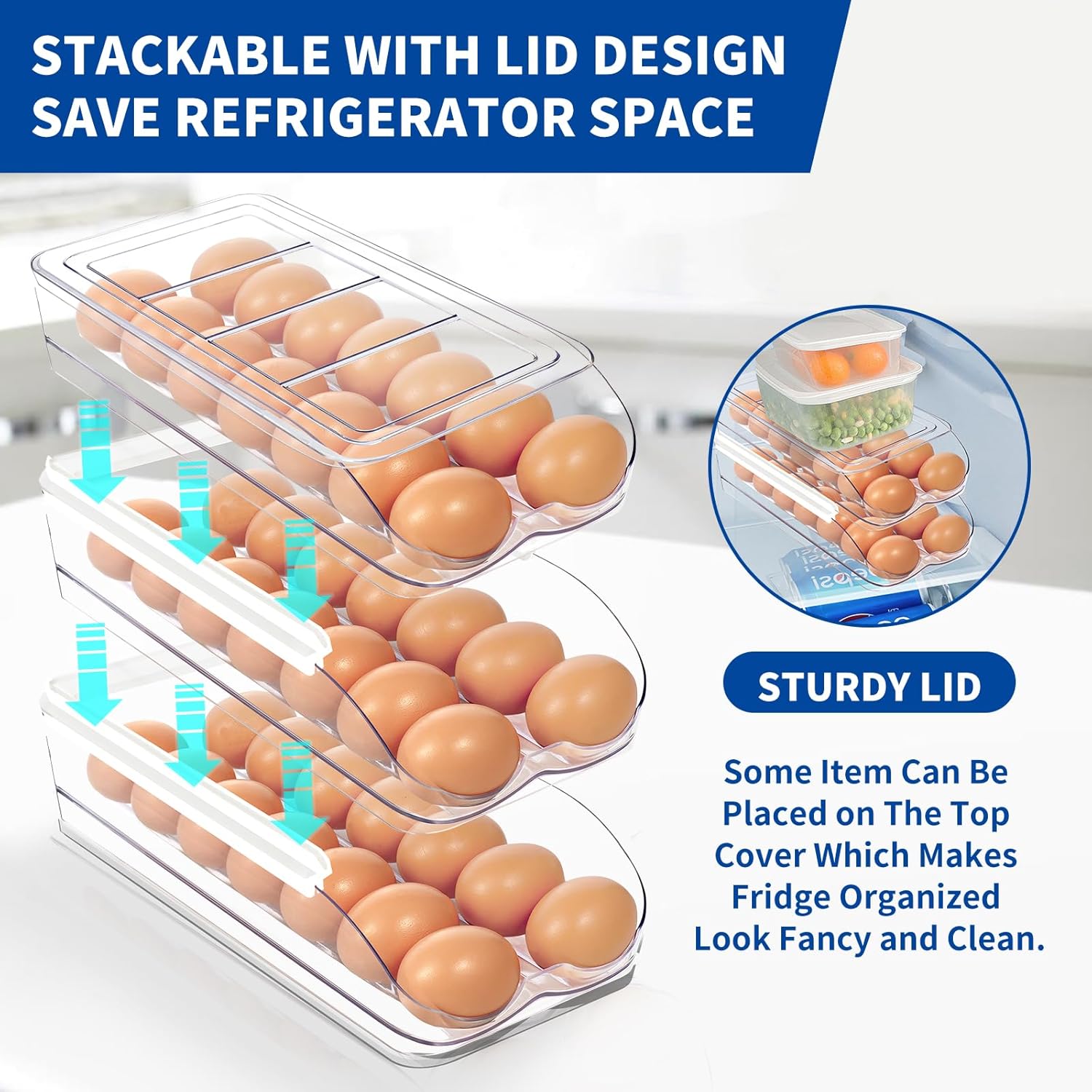 Egg Holder for Fridge, Automatic Rolling Egg Organizer for Refrigerator, Clear Plastic Egg Container & Tray, Stackable Dispenser and Storage Bin with Sturdy Lid to Saving Space -2 Layer - Image 4