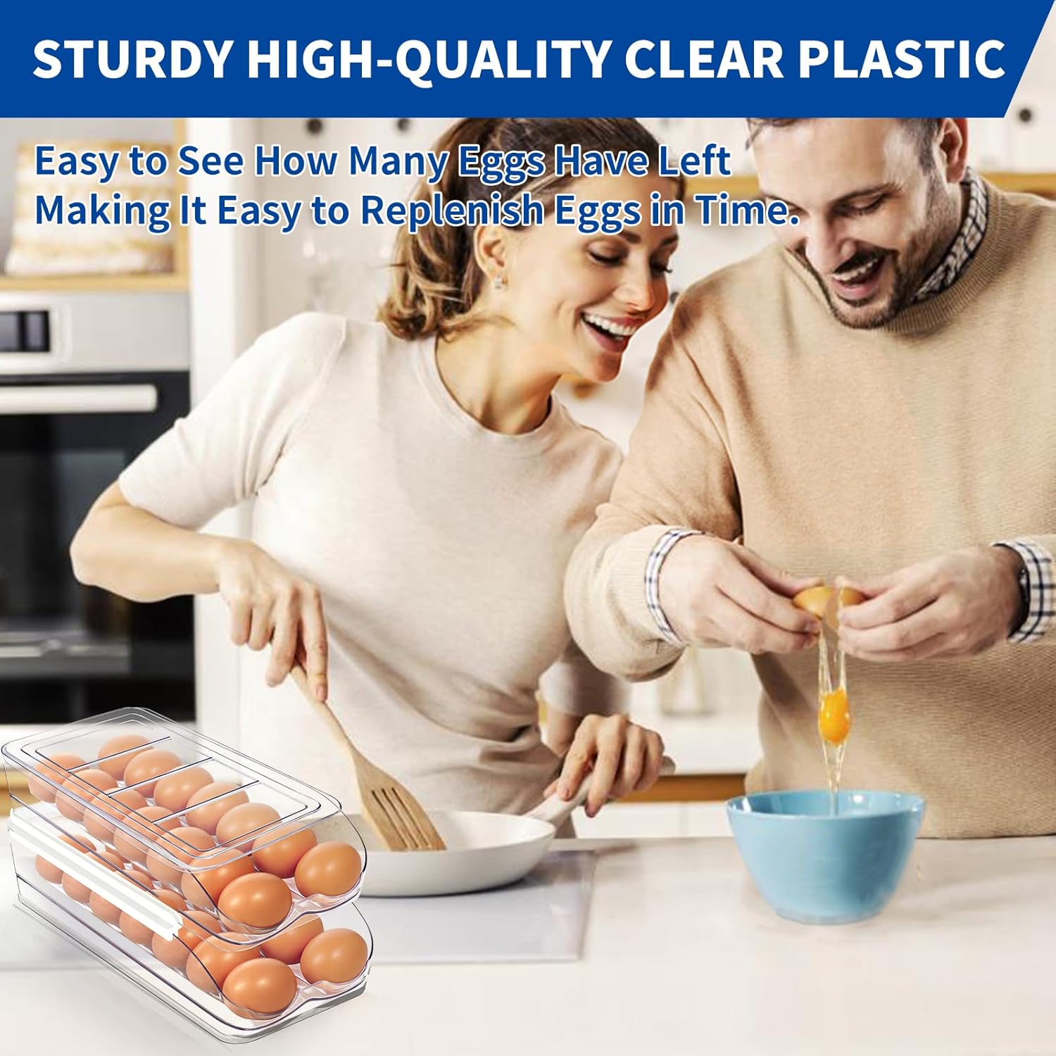 Egg Holder for Fridge, Automatic Rolling Egg Organizer for Refrigerator, Clear Plastic Egg Container & Tray, Stackable Dispenser and Storage Bin with Sturdy Lid to Saving Space -2 Layer - Image 5
