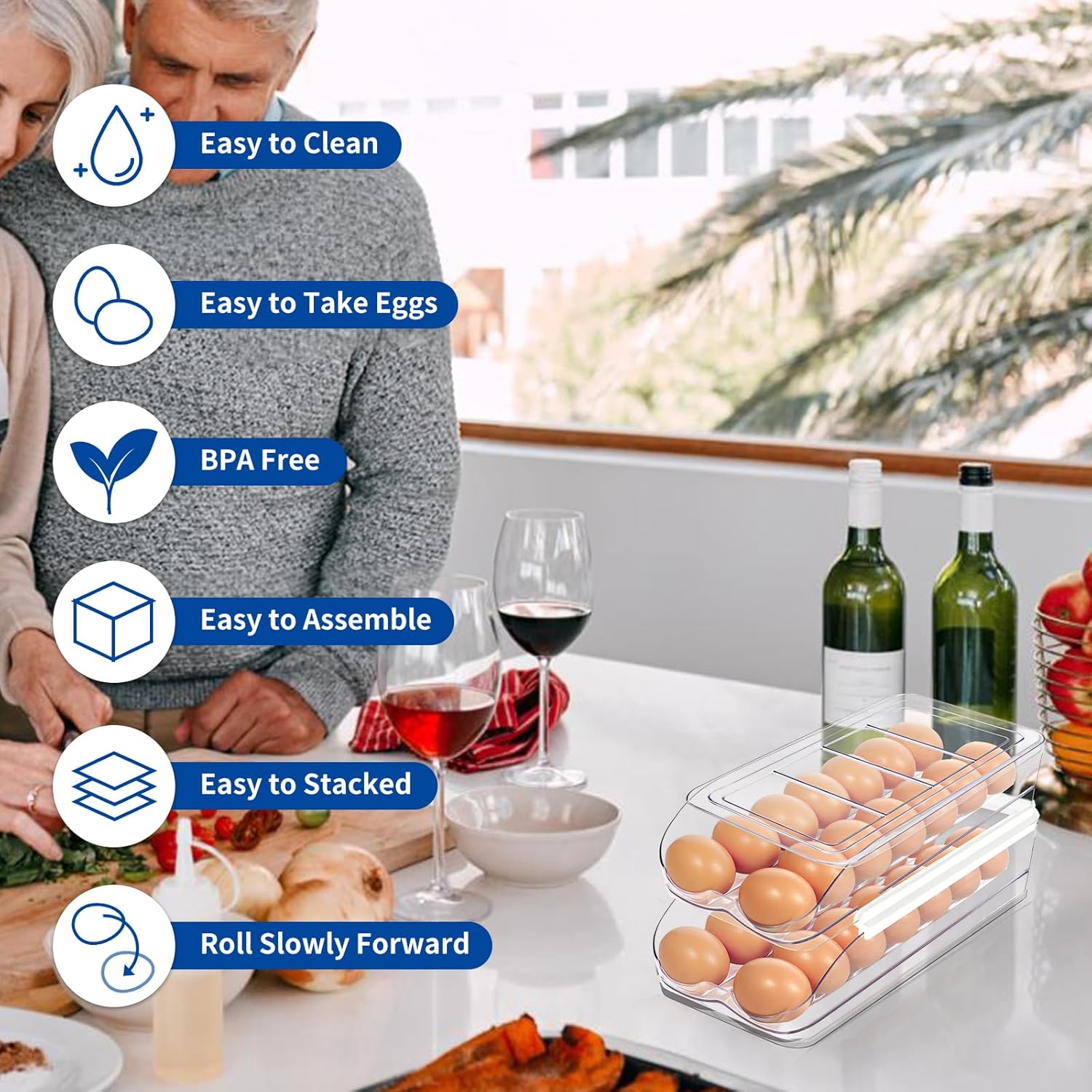 Egg Holder for Fridge, Automatic Rolling Egg Organizer for Refrigerator, Clear Plastic Egg Container & Tray, Stackable Dispenser and Storage Bin with Sturdy Lid to Saving Space -2 Layer - Image 6
