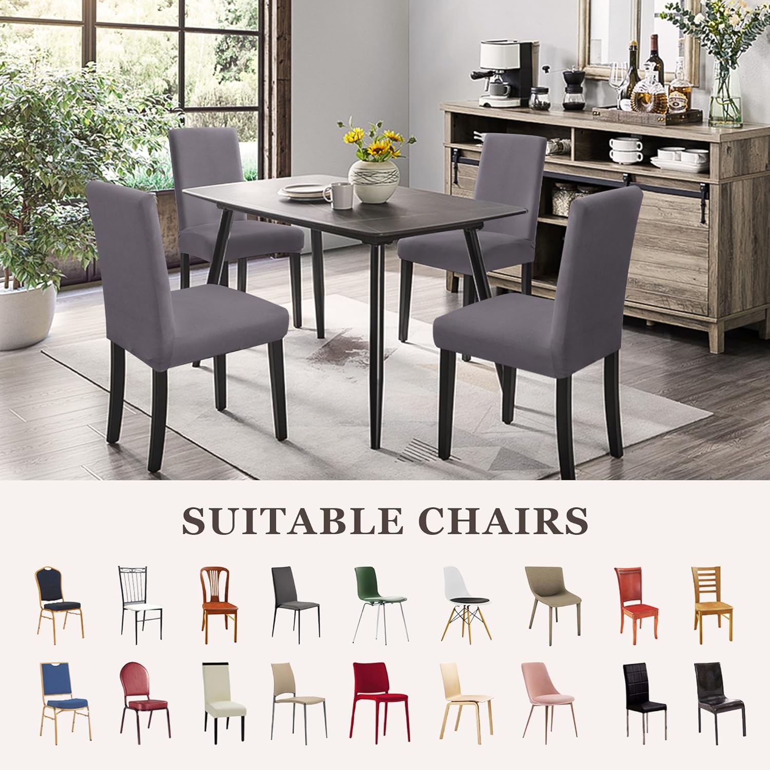 Dining Chair Covers,Kitchen Cover,Parsons Slipcover,Spandex Protectors for Room Stretch Chairs Cover Set of 4 -Gray - Image 5