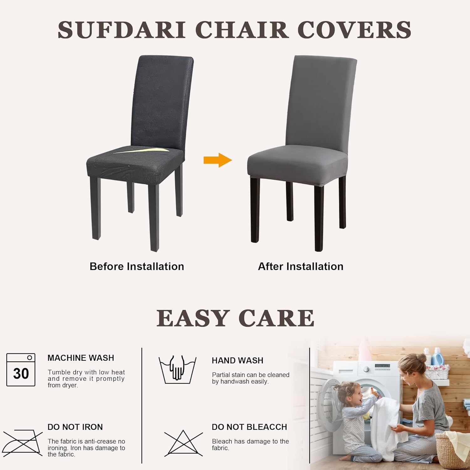 Dining Chair Covers,Kitchen Cover,Parsons Slipcover,Spandex Protectors for Room Stretch Chairs Cover Set of 4 -Gray - Image 7